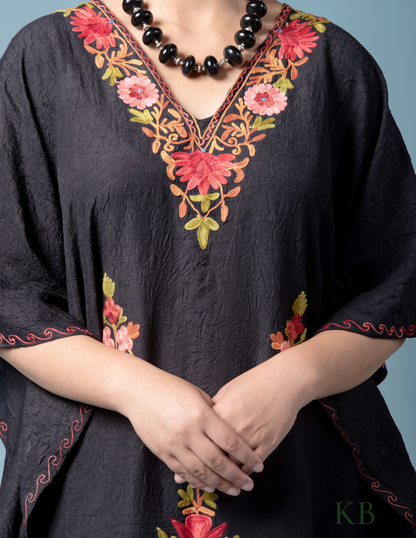 Black Floral Aari Embroidered Summer Cotton Kaftan