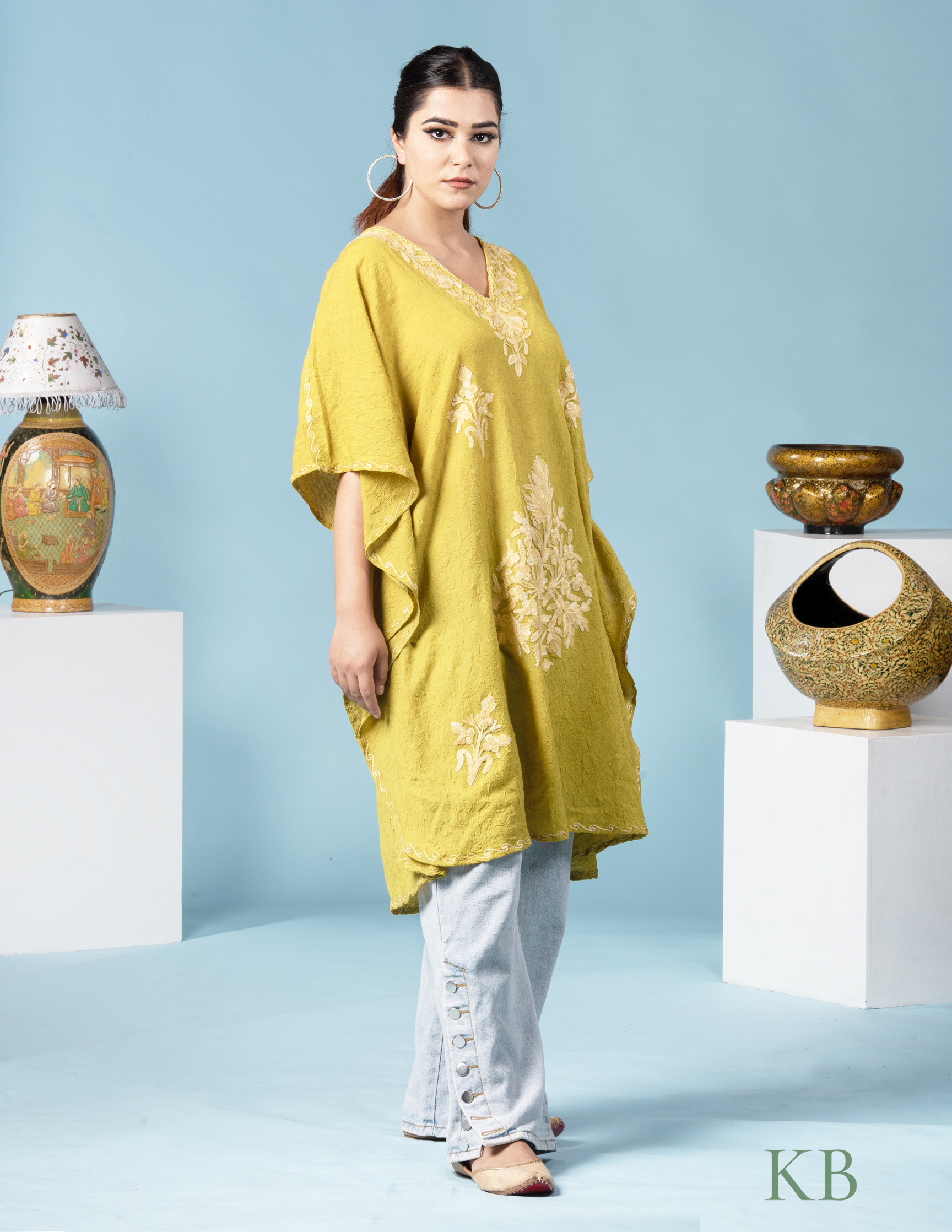 Apple Green Aari Embroidered Short Kaftan - Kashmir Box