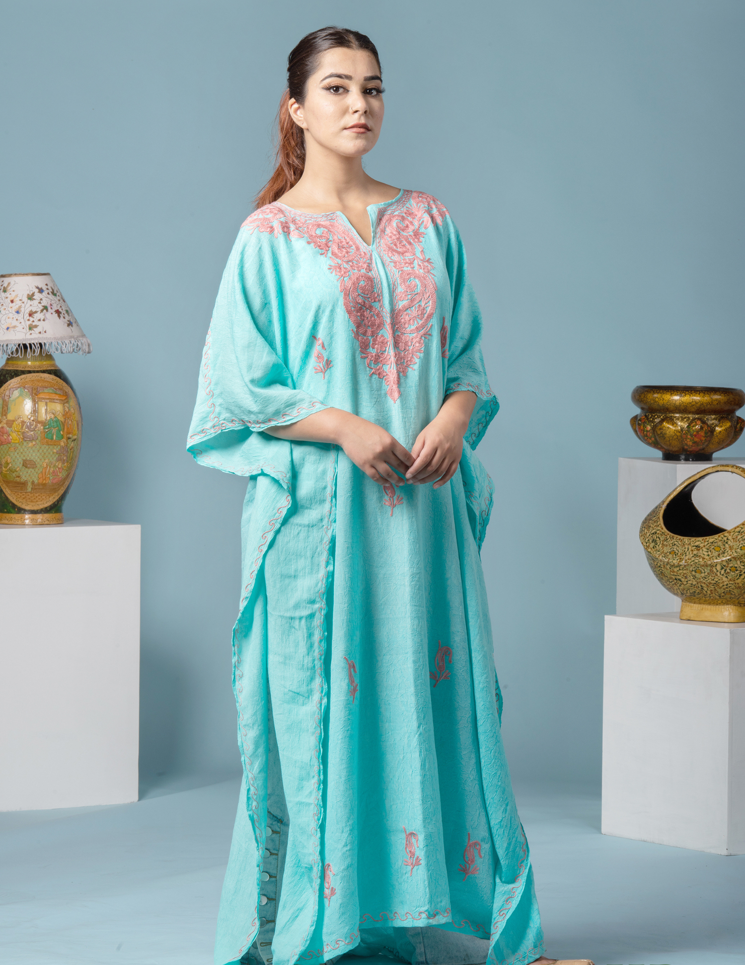 Badaam Posh Sea Green Embroidered Summer Cotton Kaftan