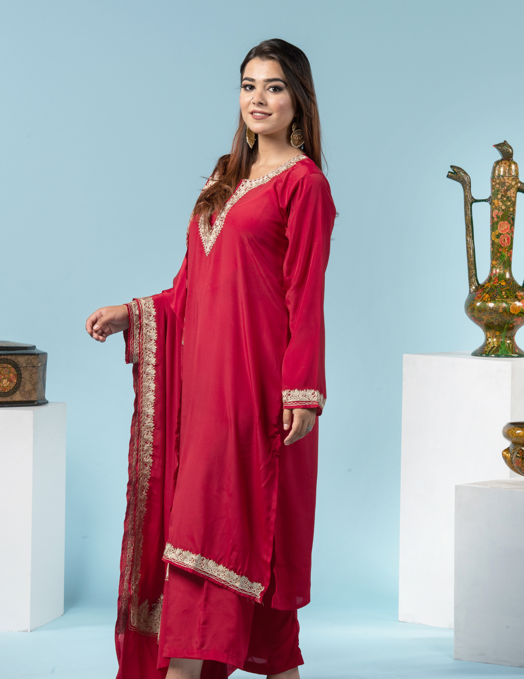 Fitoor Zari Embroidered Red Crepe Suit with 2.5 Meters Dupatta - Kashmir Box