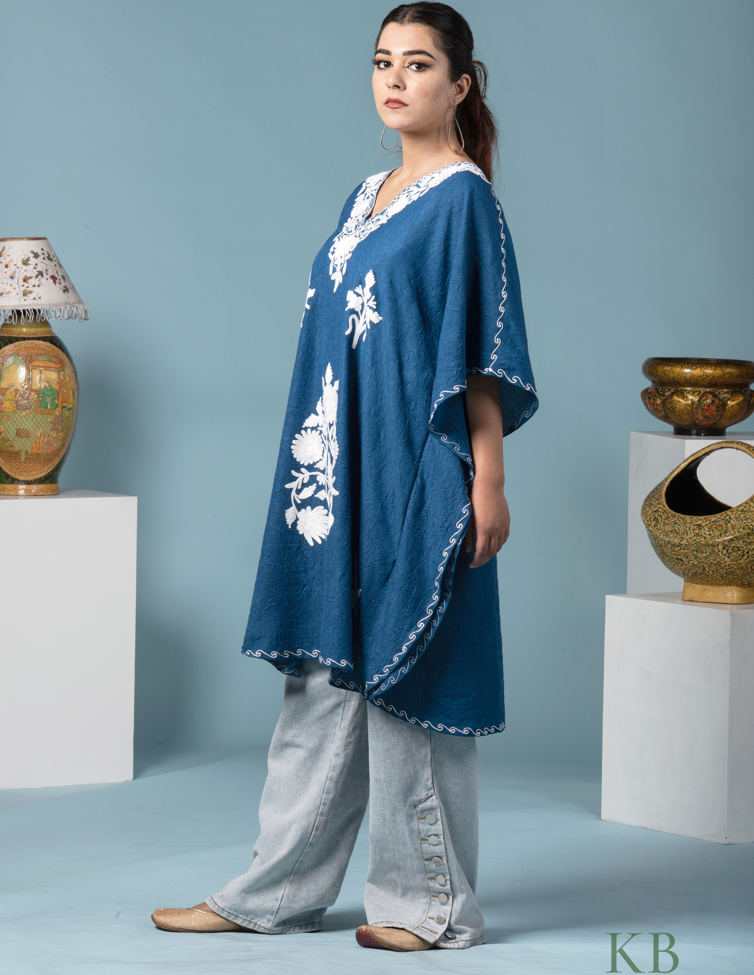 Classic Blue Cotton Aari Embroidered Short Summer Kaftan