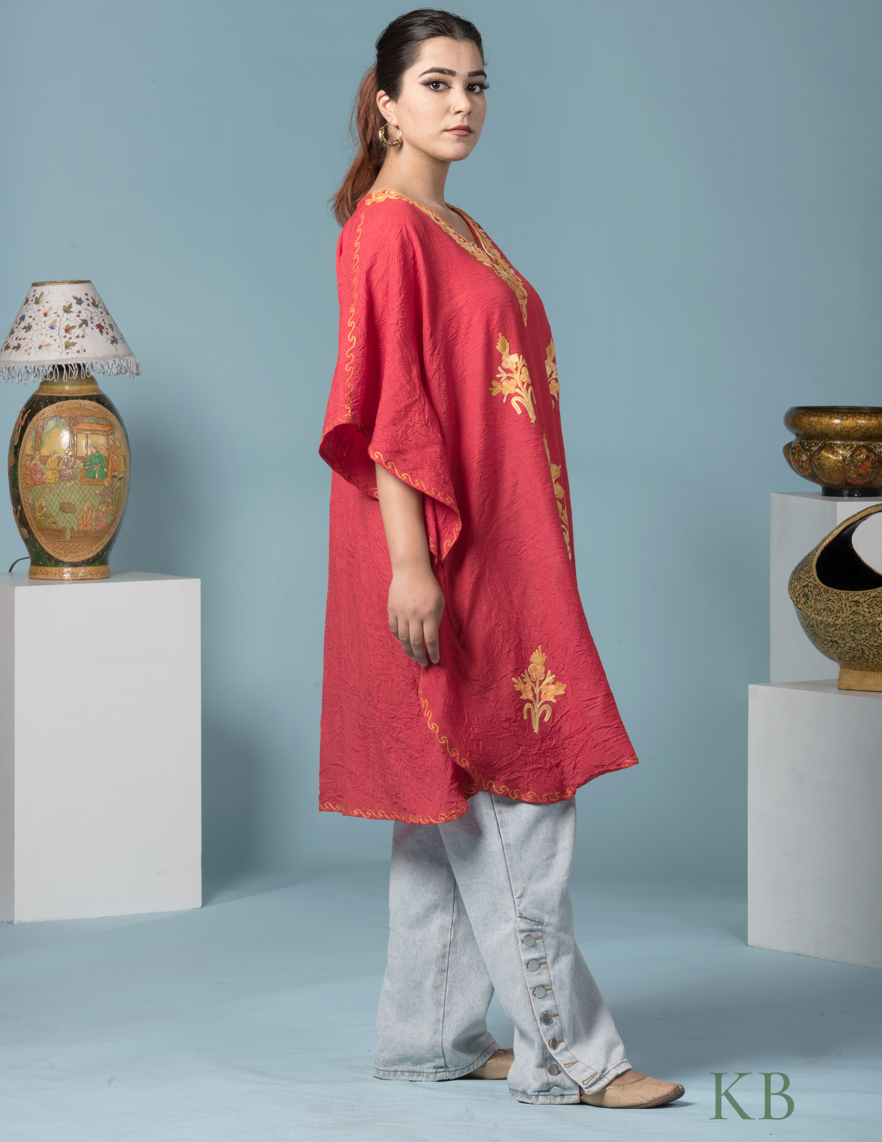 Bright Red Aari Embroidered Short Kaftan - Kashmir Box