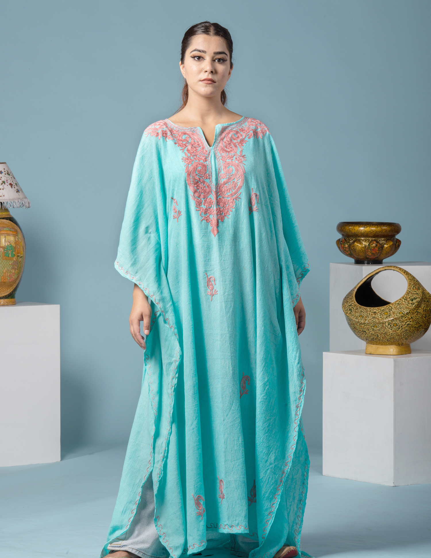 Badaam Posh Sea Green Embroidered Summer Cotton Kaftan