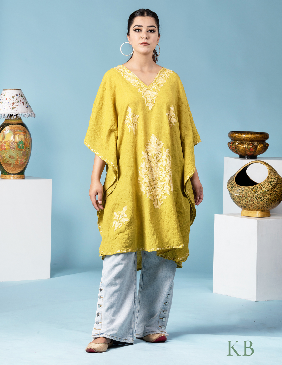 Apple Green Aari Embroidered Short Kaftan - Kashmir Box