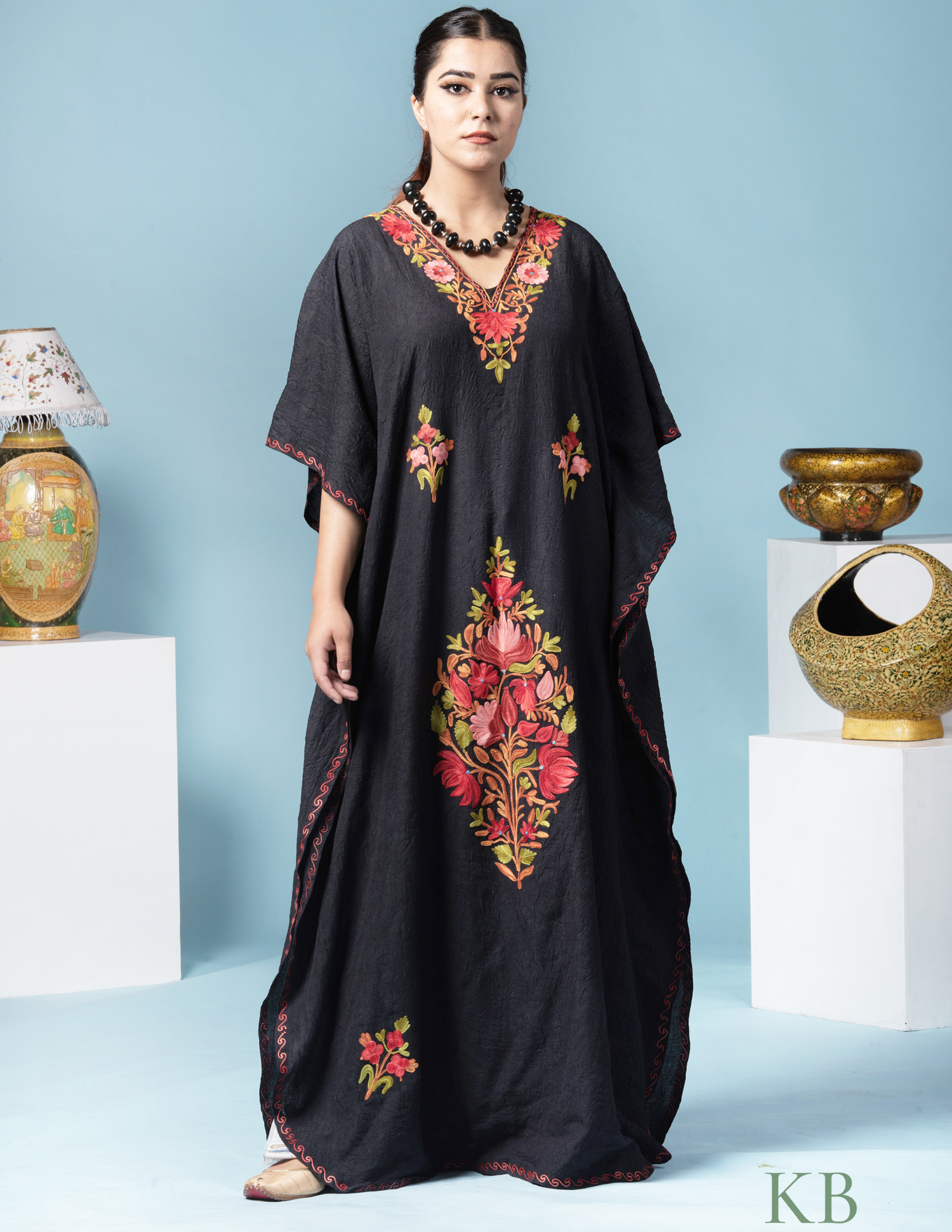 Black Floral Aari Embroidered Cotton Kaftan - Kashmir Box