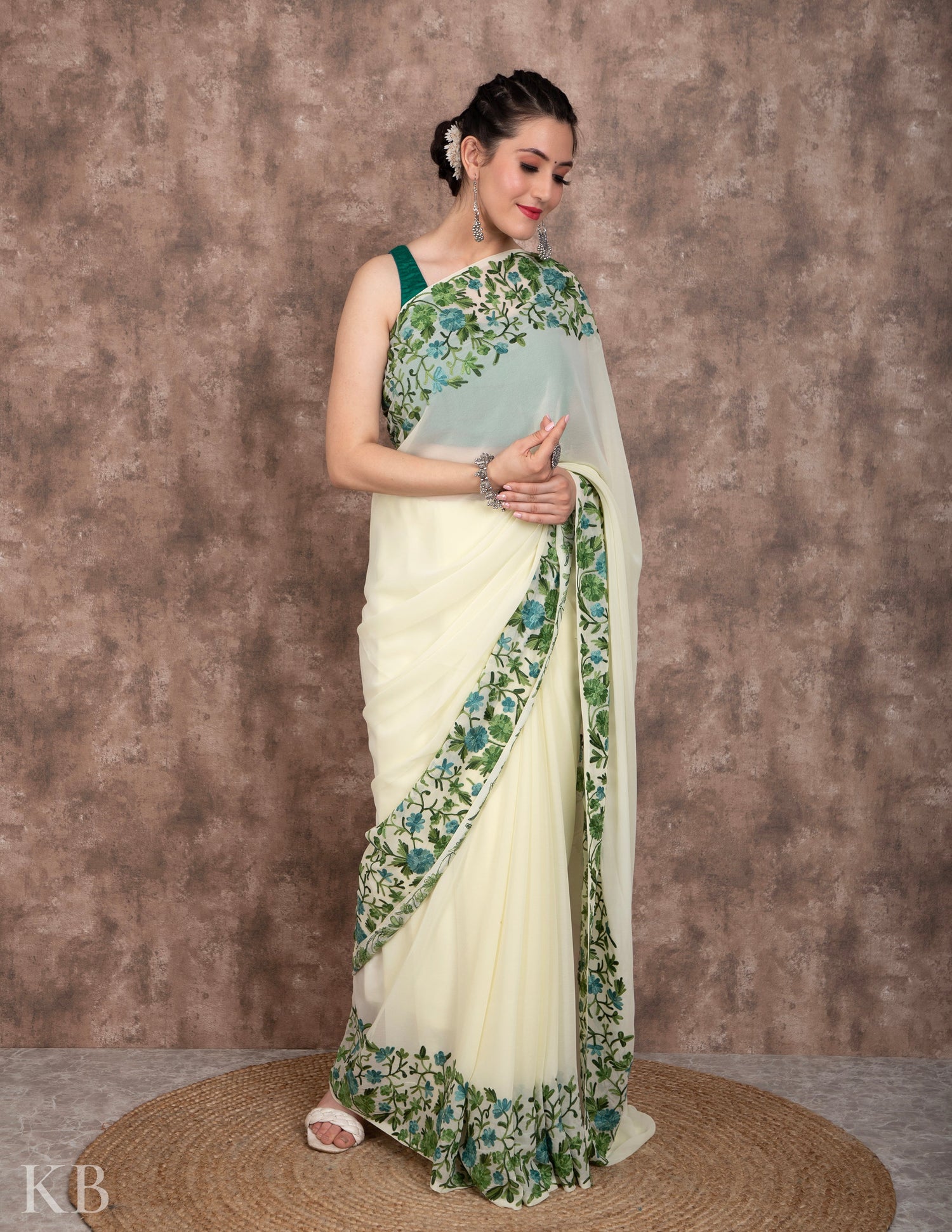 Lemon Yellow Flowery Vine Aari Georgette Saree