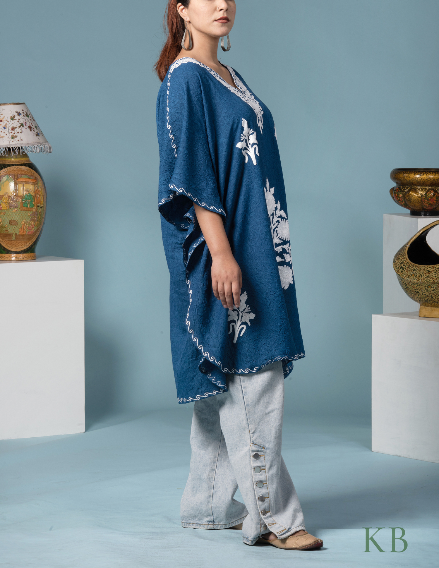 Classic Blue Cotton Aari Embroidered Short Summer Kaftan