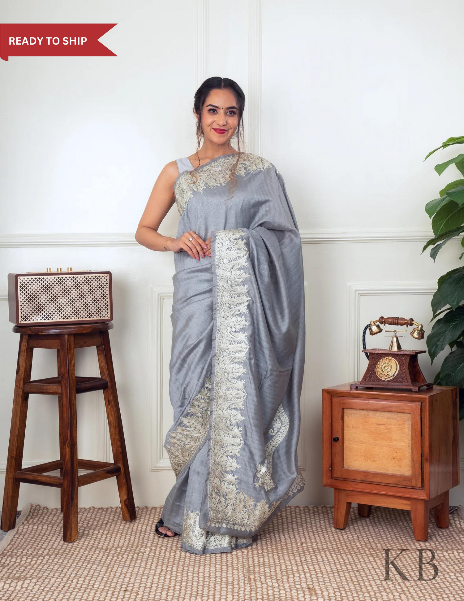 White Zari Border Silver Silk Saree - Kashmir Box