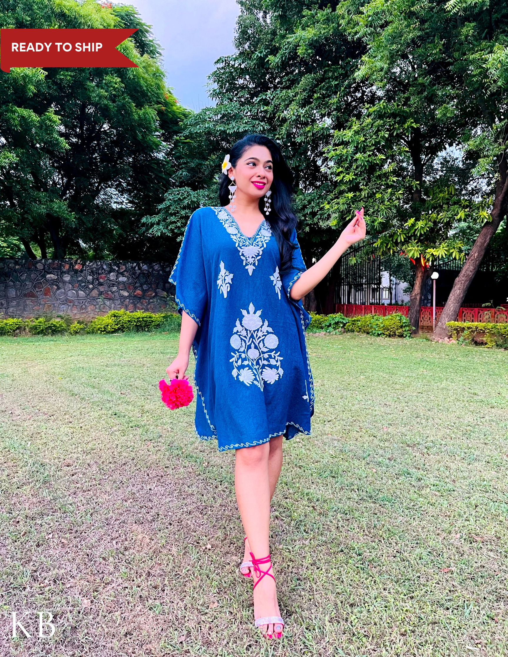 Classic Blue Cotton Aari Embroidered Short Summer Kaftan