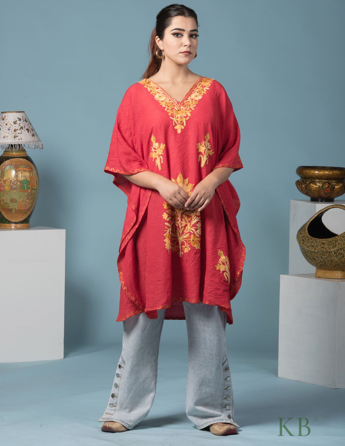 Bright Red Aari Embroidered Short Kaftan - Kashmir Box