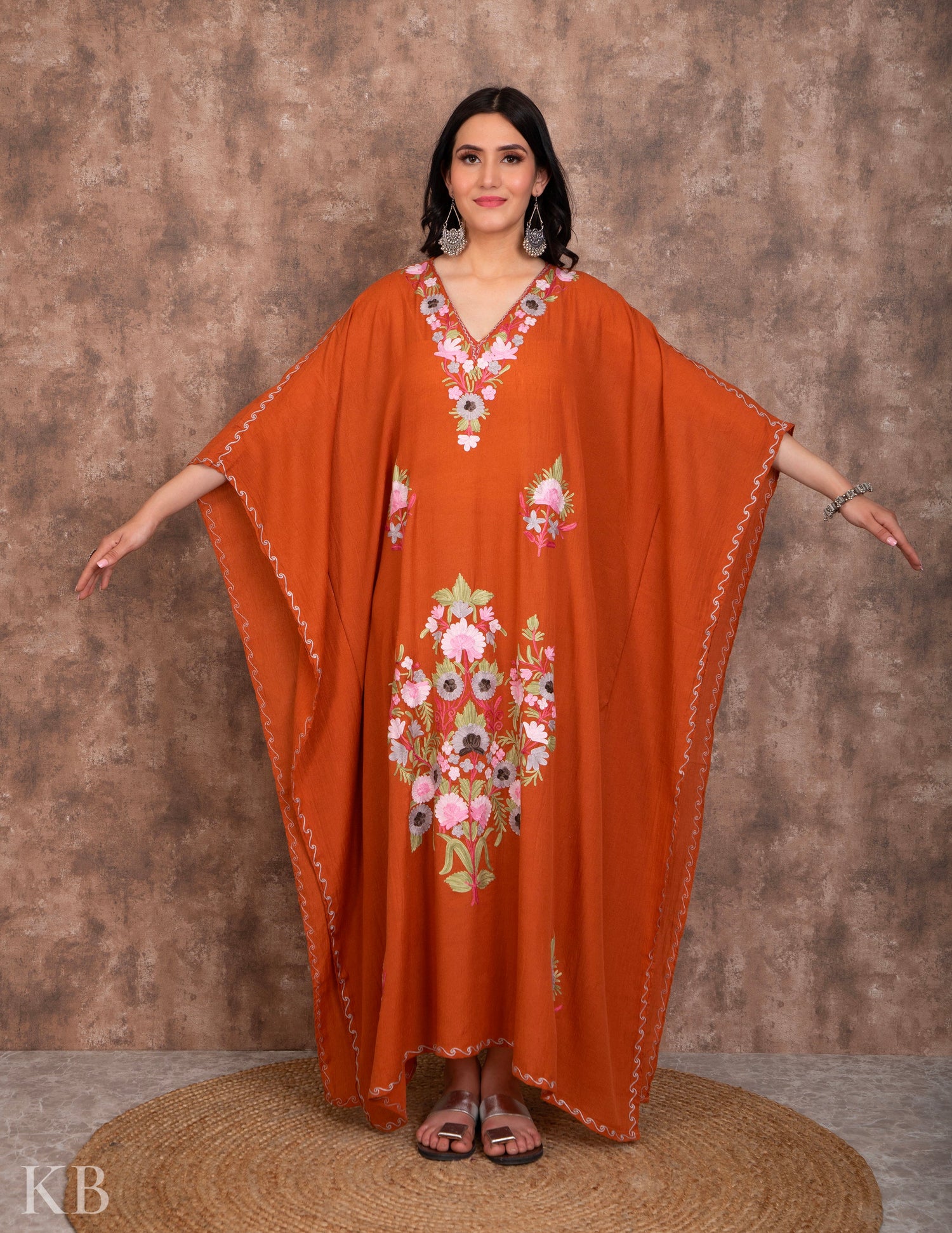 Rust Orange Aari Embroidered Summer Cotton Kaftan