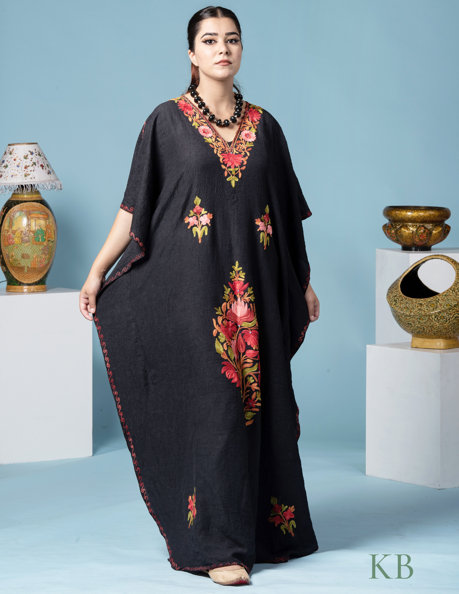 Black Floral Aari Embroidered Summer Cotton Kaftan