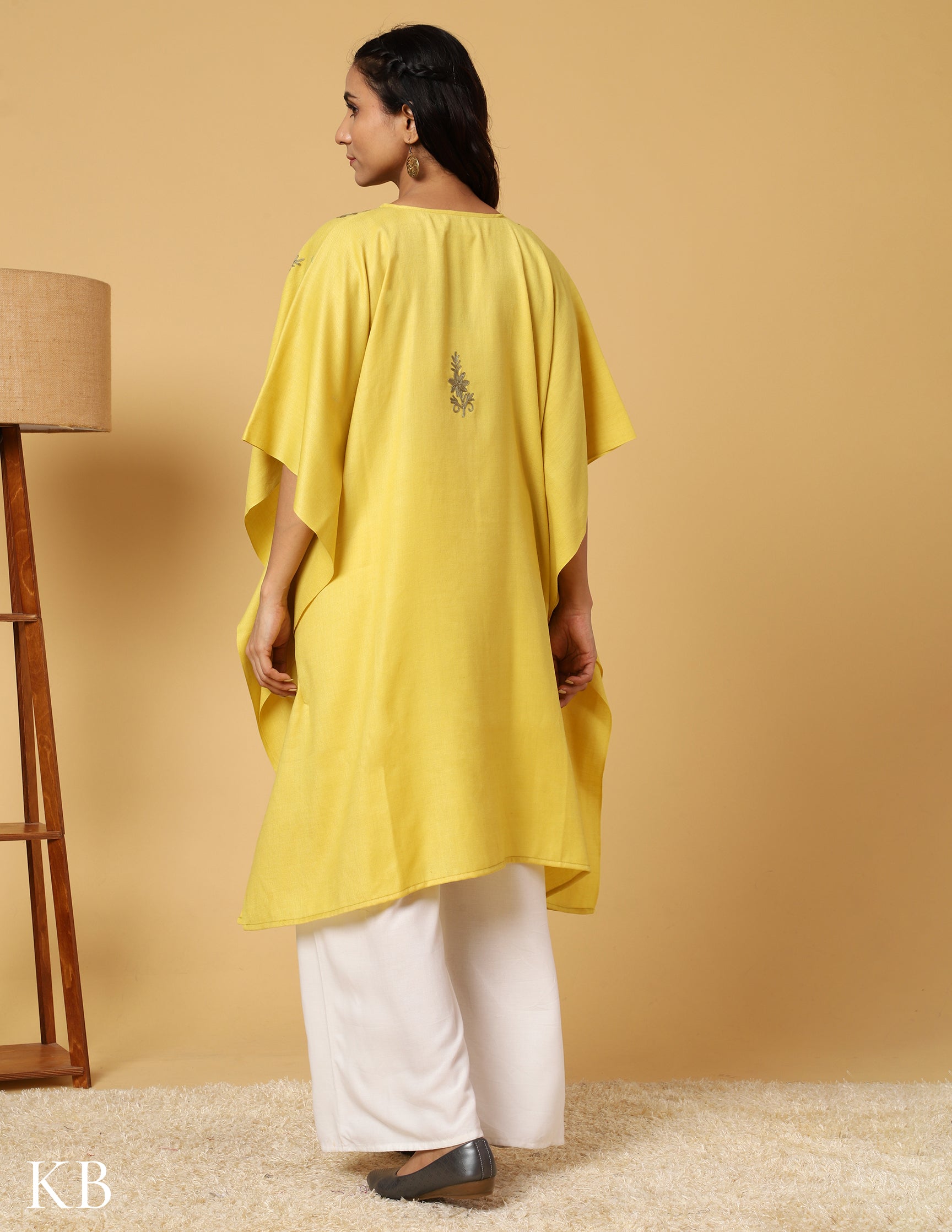 Banana Yellow Aari Embroidered Woolen Kaftan - Kashmir Box