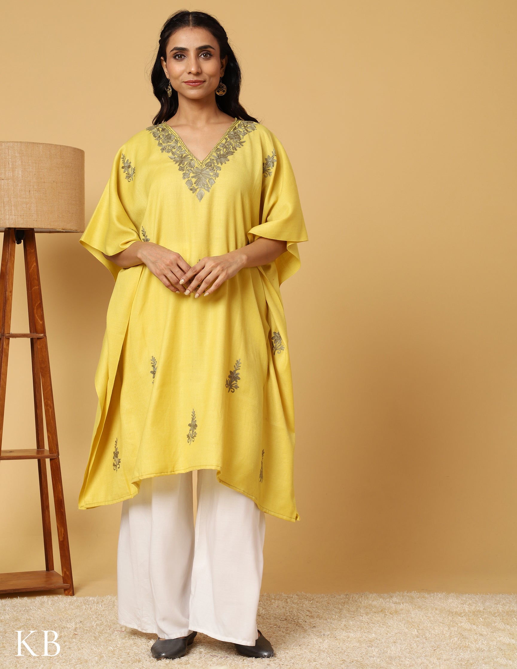 Banana Yellow Aari Embroidered Woolen Kaftan - Kashmir Box