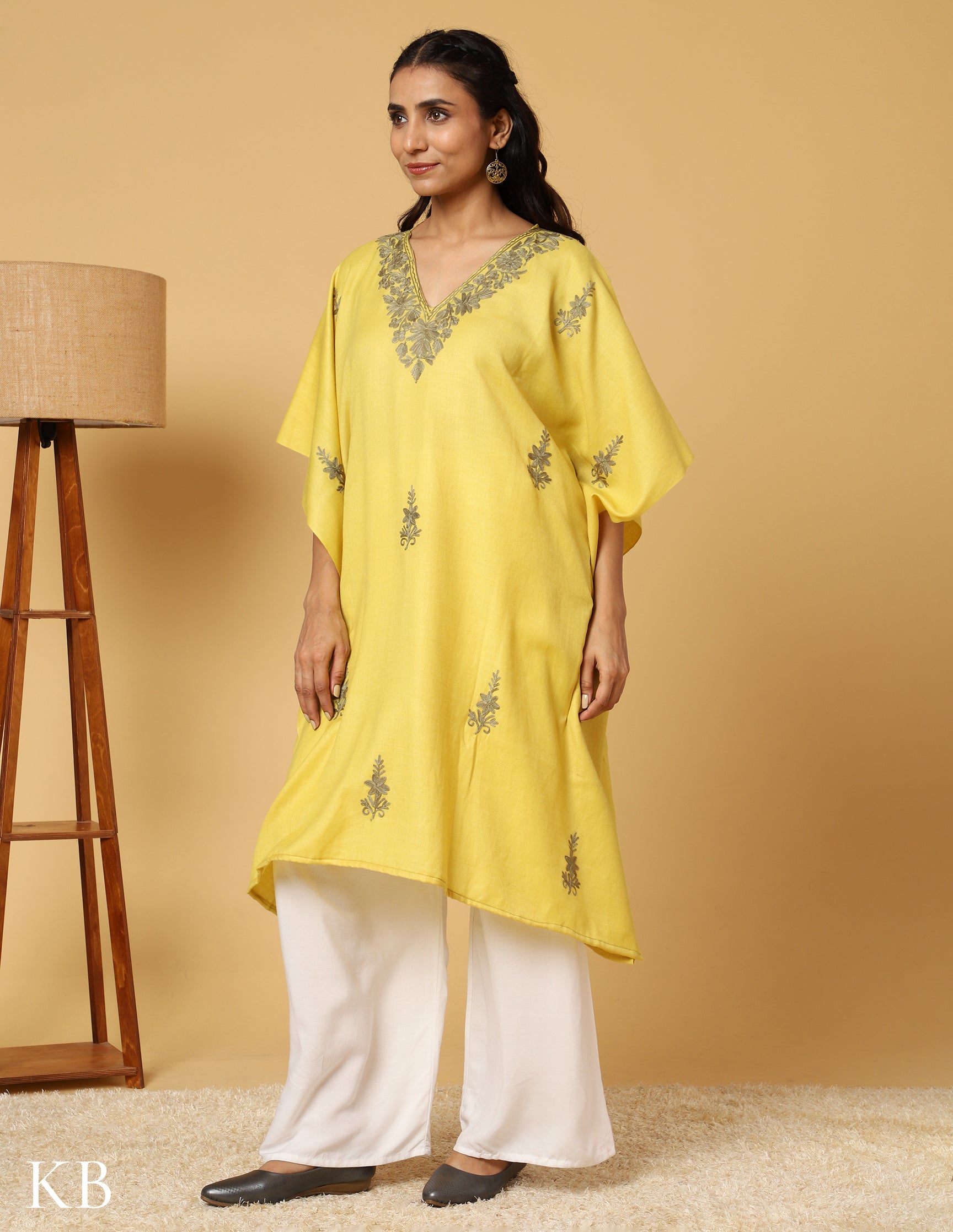 Banana Yellow Aari Embroidered Woolen Kaftan - Kashmir Box