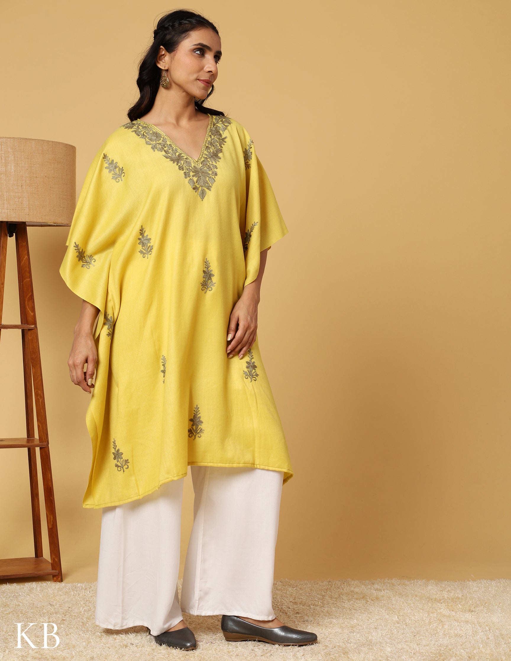 Banana Yellow Aari Embroidered Woolen Kaftan - Kashmir Box