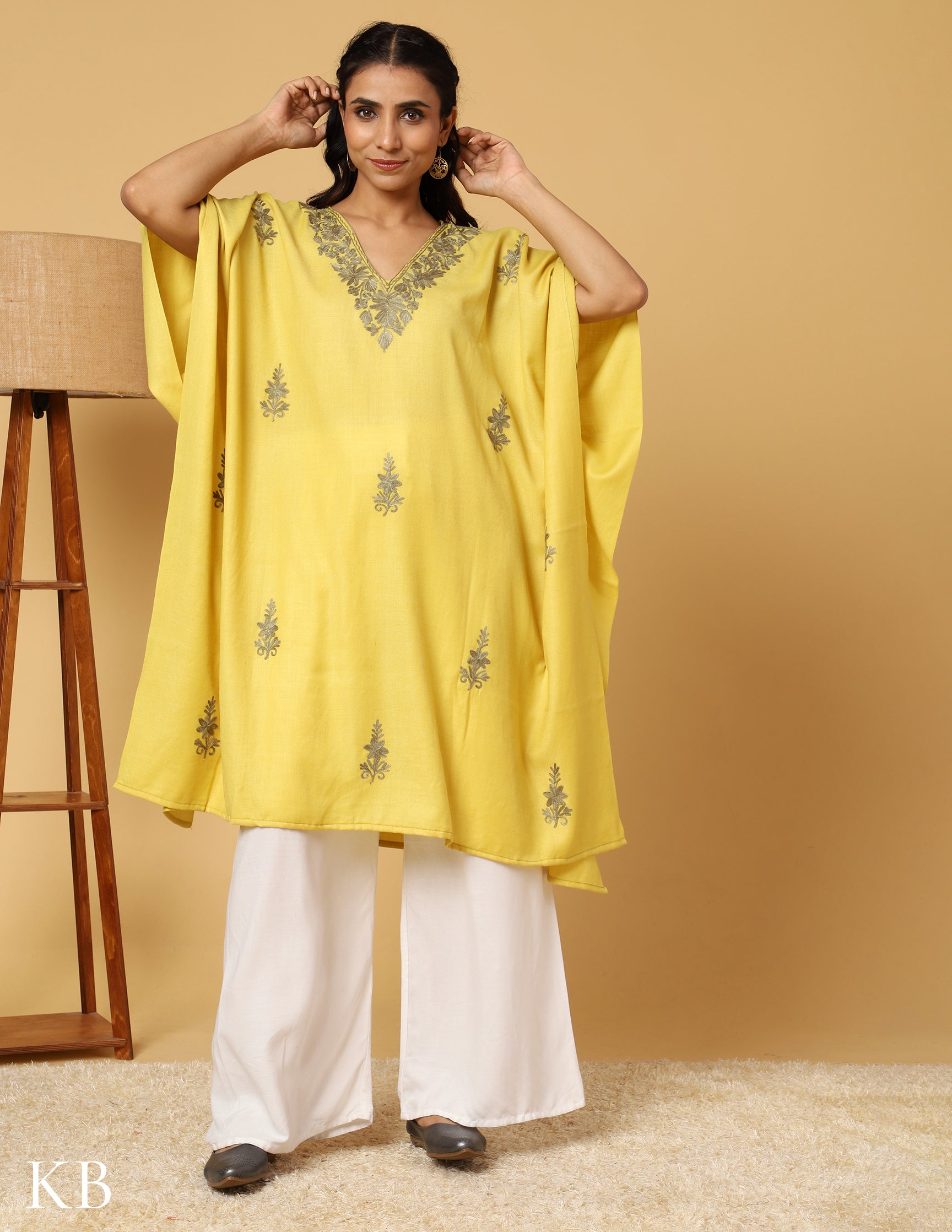 Banana Yellow Aari Embroidered Woolen Kaftan - Kashmir Box