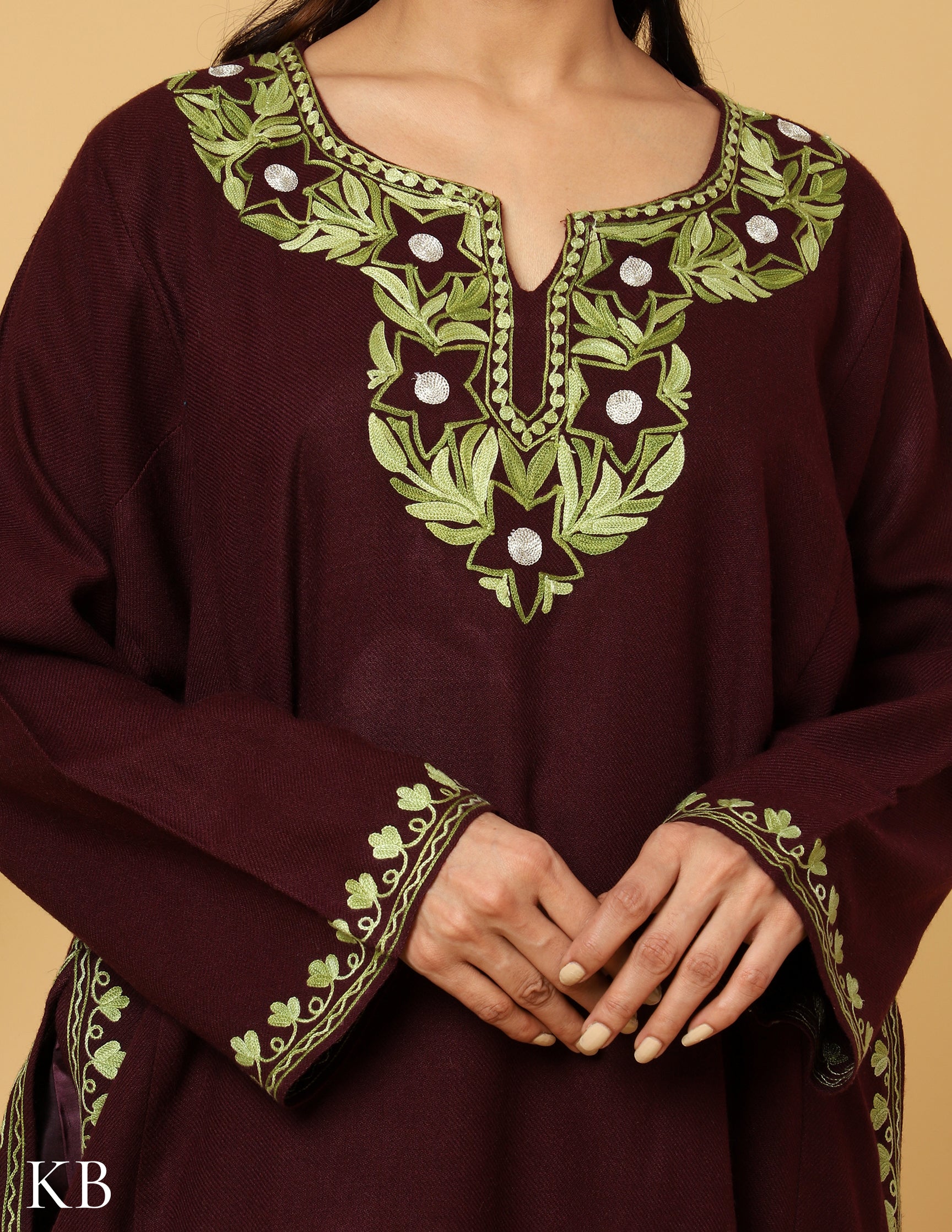 Eggplant Enchantment Zari Aari Cashmilon Embroiderd Phiran - Kashmir Box