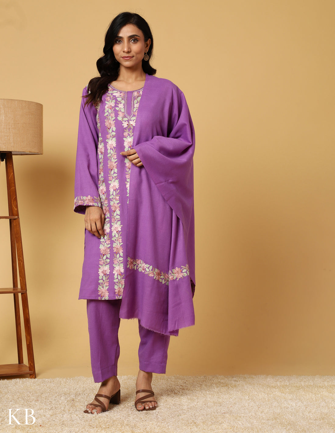 Lavender Haze Aari Embroidered Woolen Suit - Kashmir Box