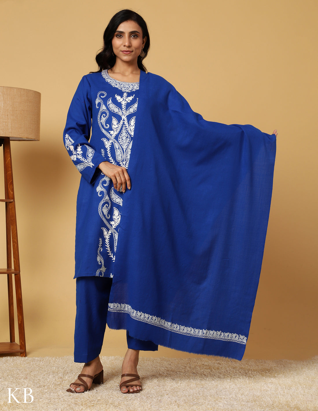 Egyptian Blue Aari Embroidered Woolen Suit - Kashmir Box