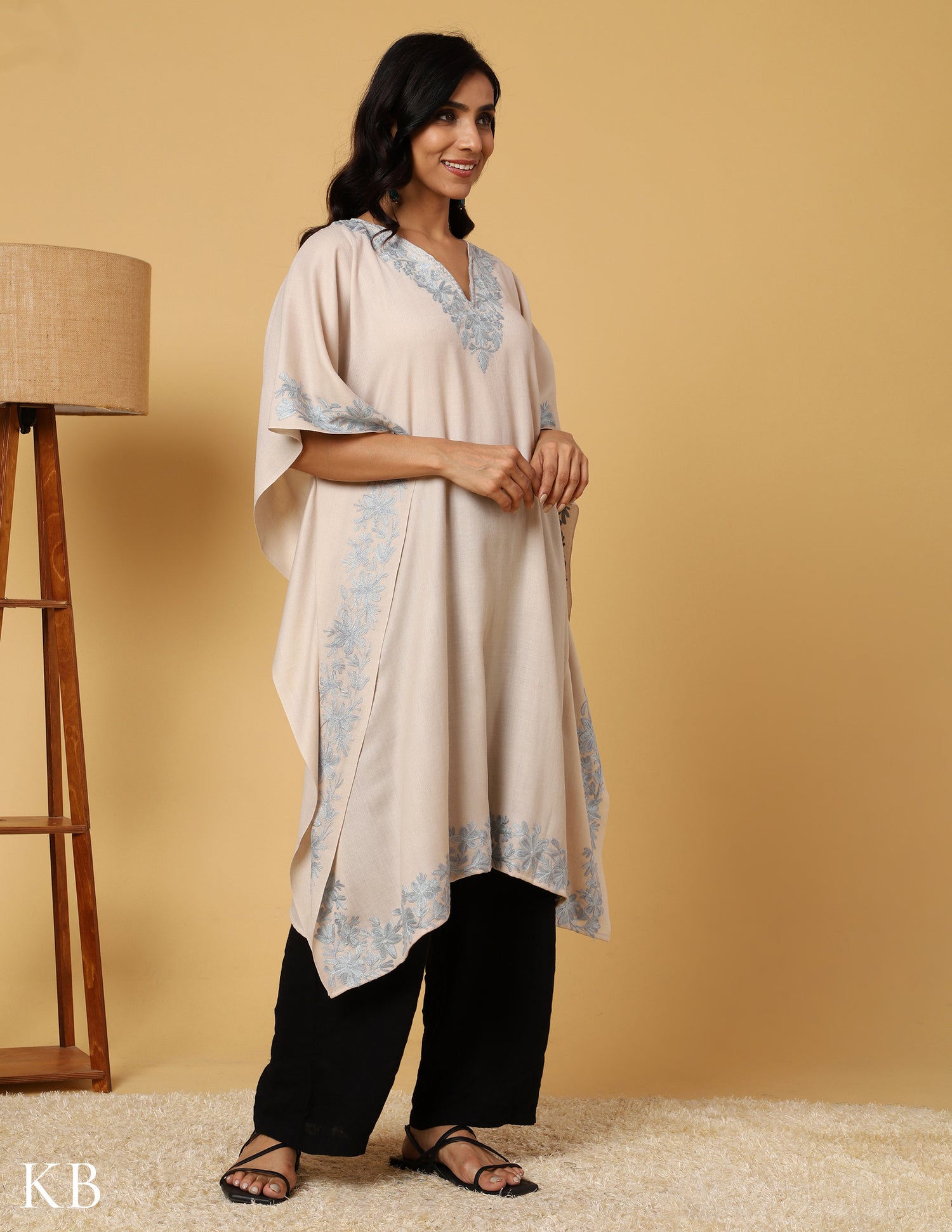 Pearled Ivory Aari Embroidered Woolen Kaftan - Kashmir Box