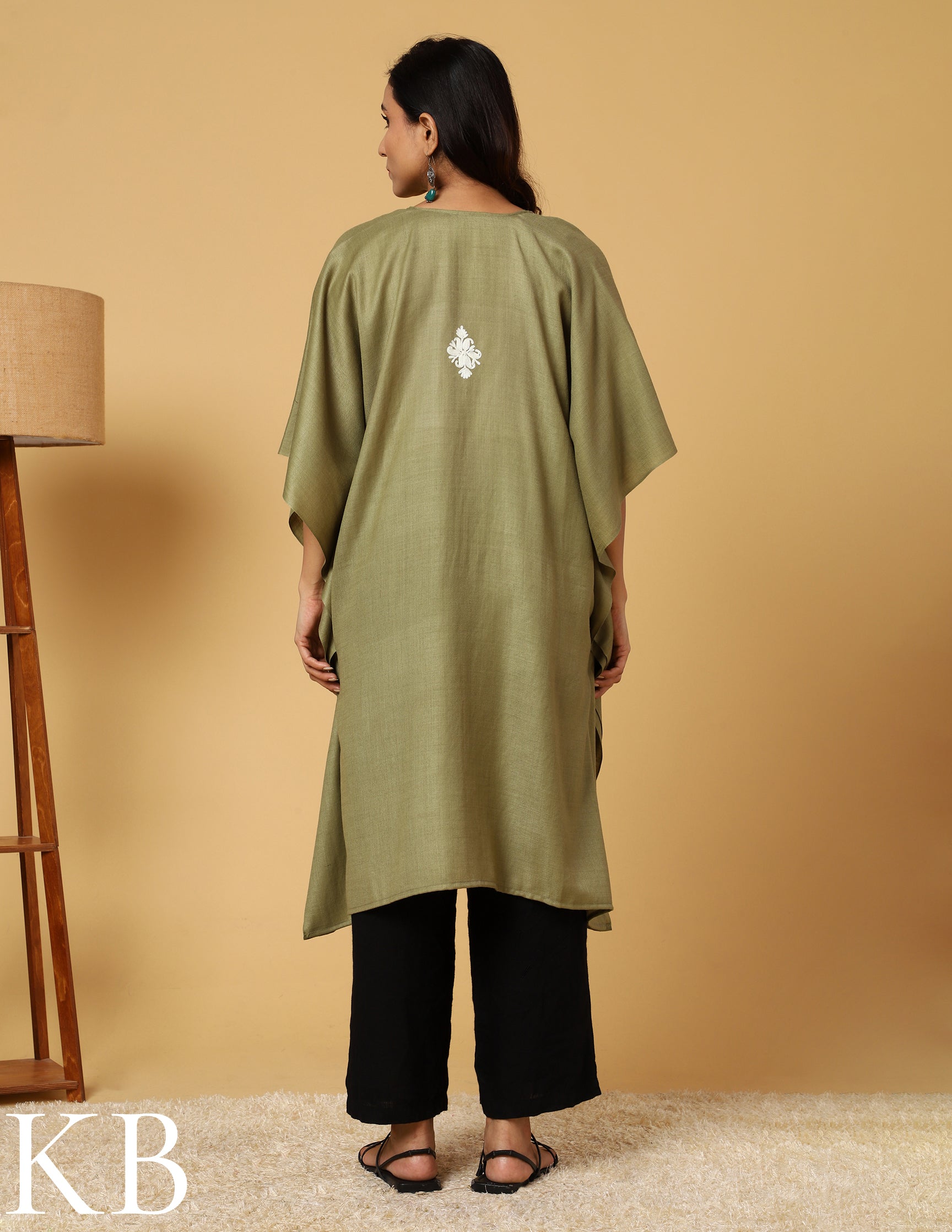 Moss Green Aari Embroidered Woolen Kaftan - Kashmir Box