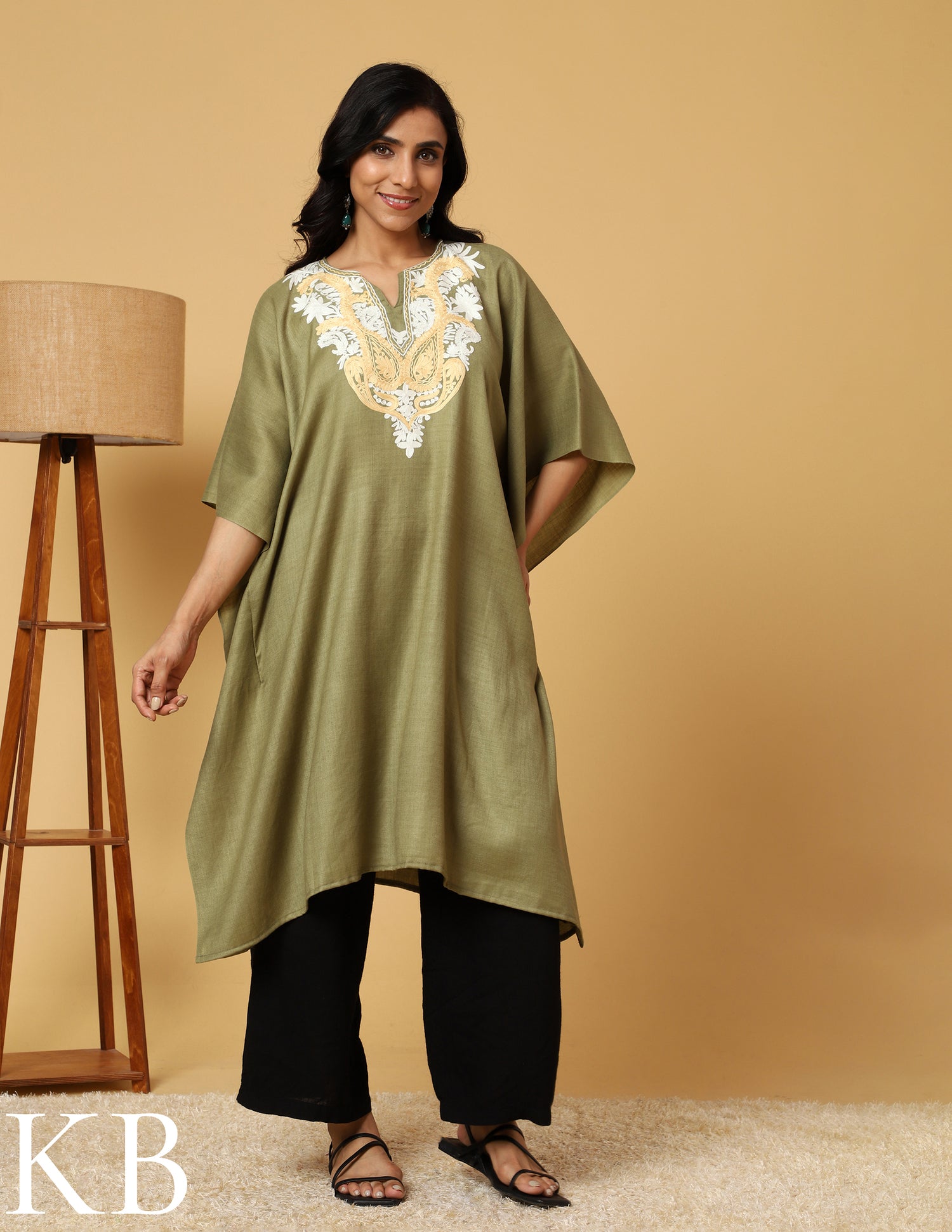 Moss Green Aari Embroidered Woolen Kaftan - Kashmir Box