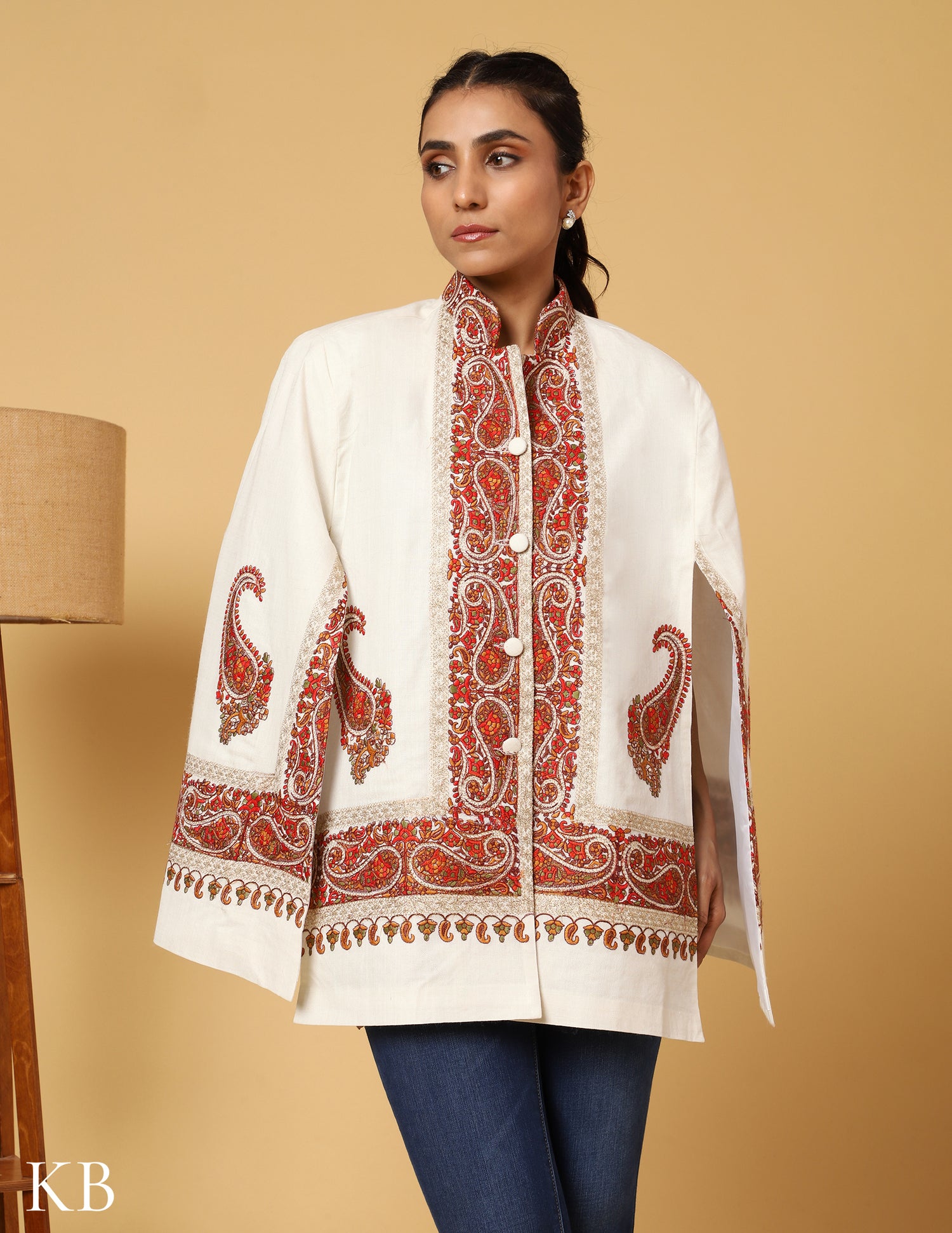 Bright White Sozni Zari Woolen Cape Jacket - Kashmir Box