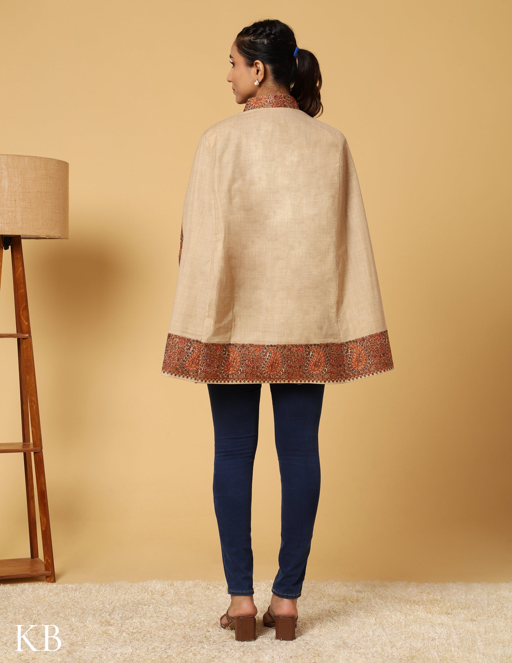 Beige Luxe Sozni Zari Woolen Cape Jacket. - Kashmir Box