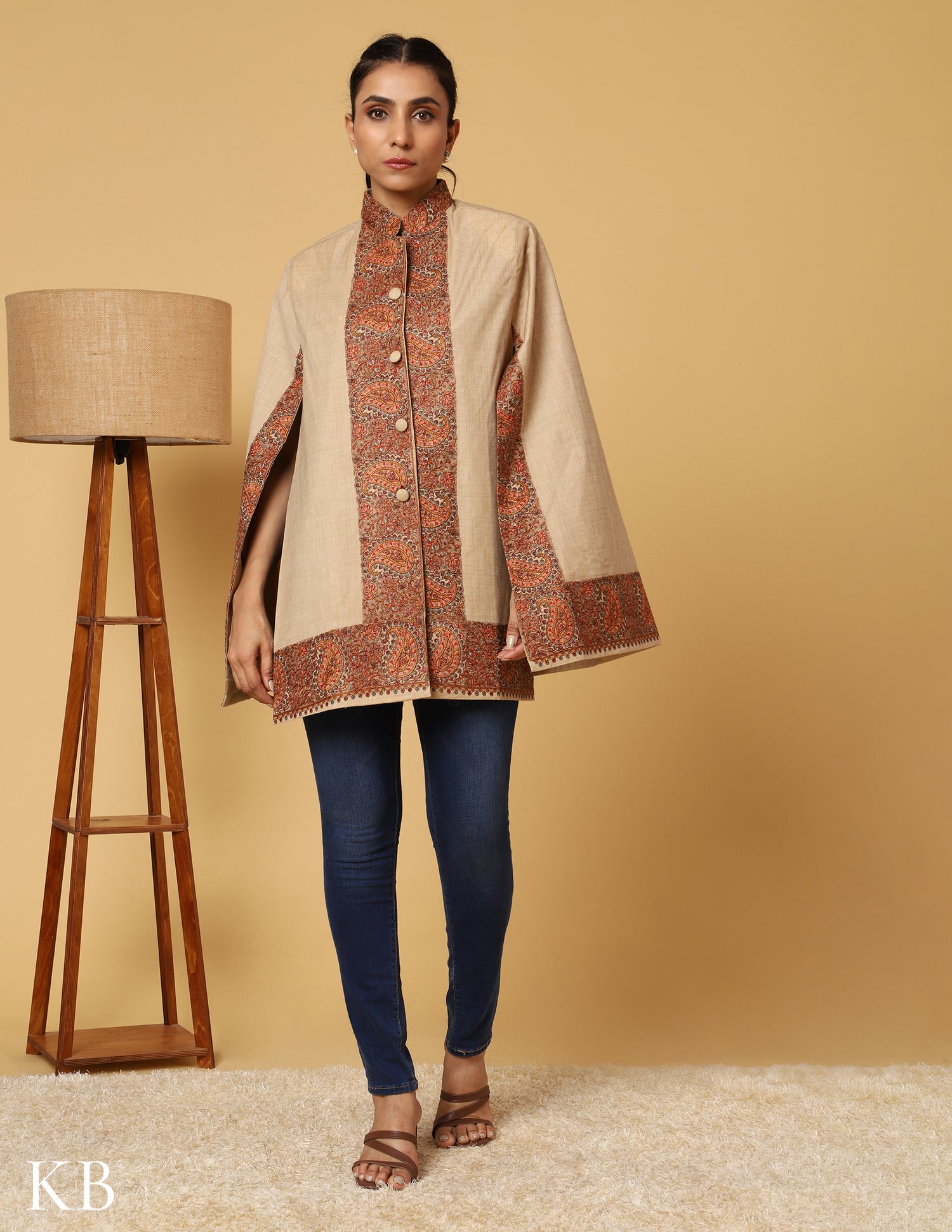 Beige Luxe Sozni Zari Woolen Cape Jacket. - Kashmir Box