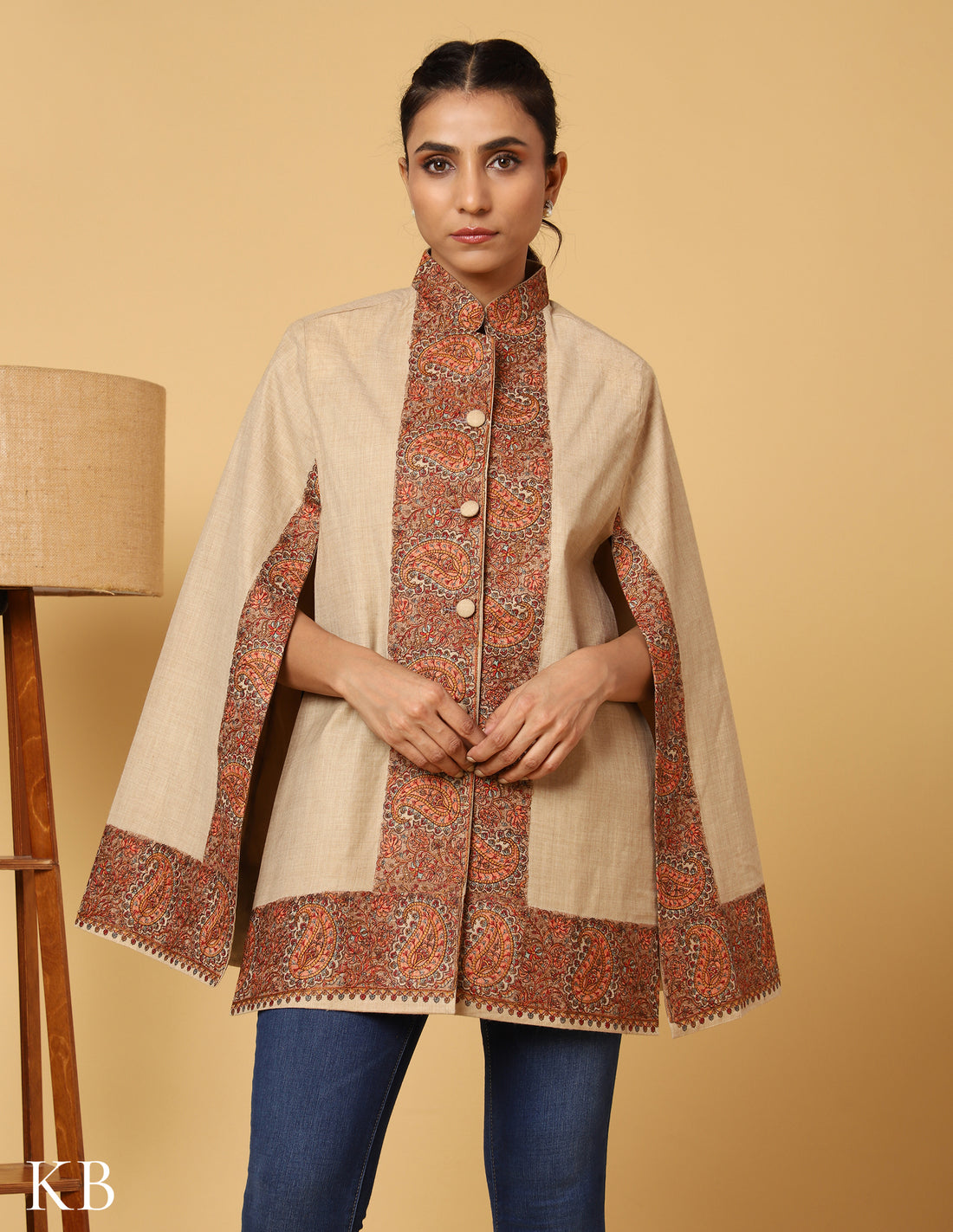 Beige Luxe Sozni Zari Woolen Cape Jacket. - Kashmir Box