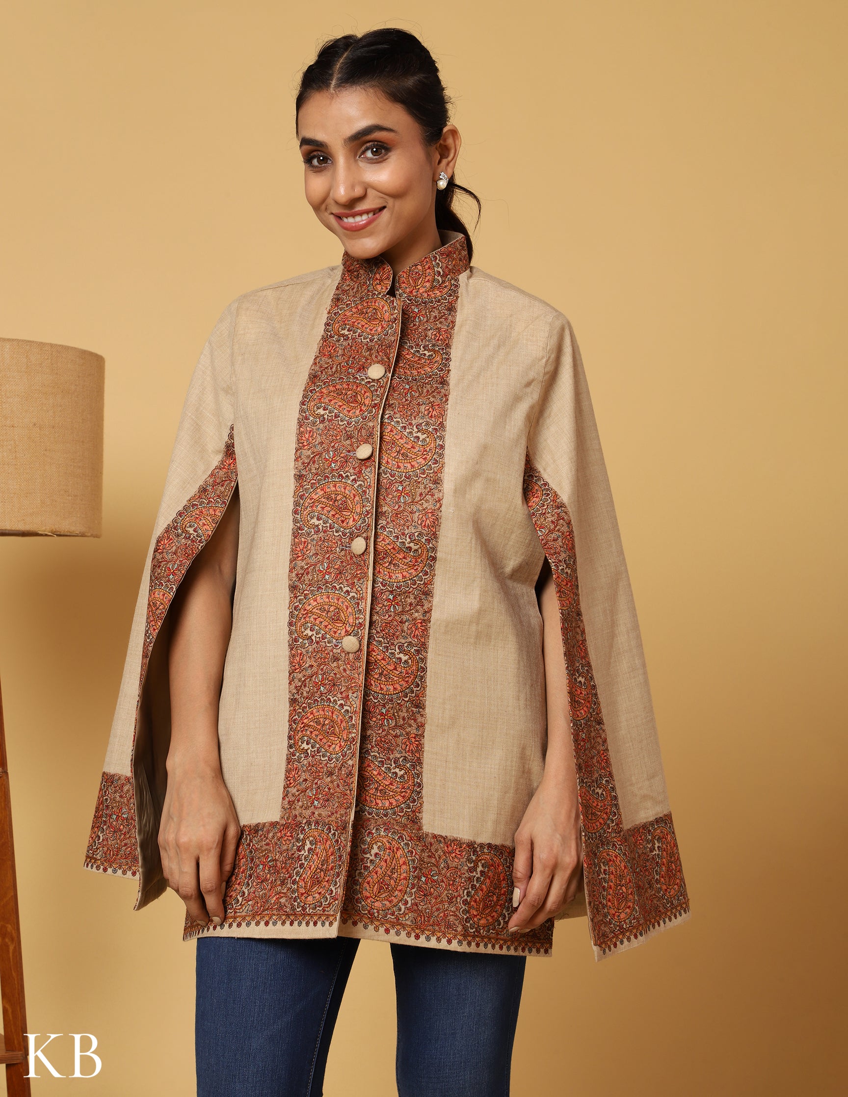 Beige Luxe Sozni Zari Woolen Cape Jacket. - Kashmir Box