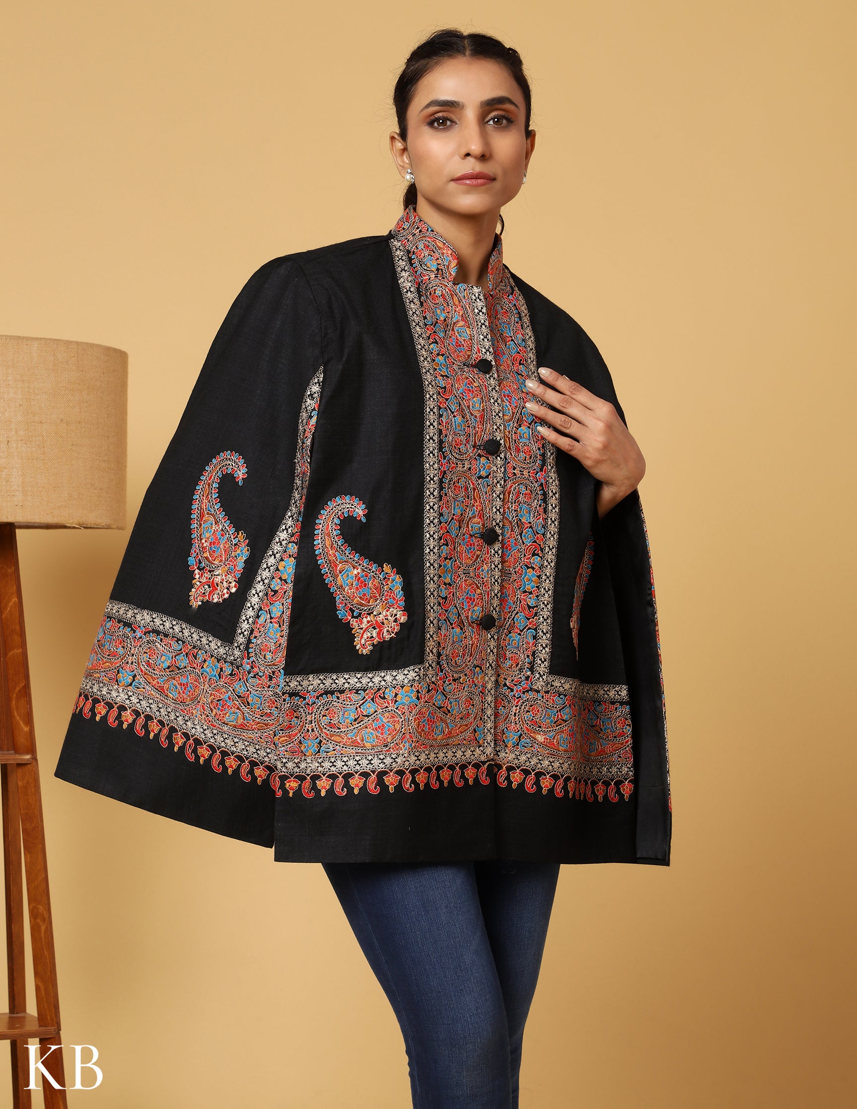 Jet Black Sozni Zari Woolen Cape Jacket - Kashmir Box