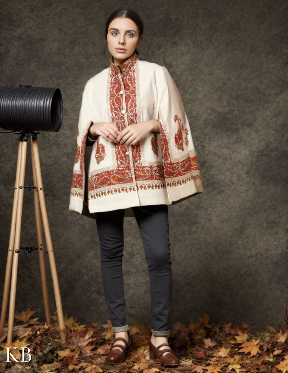 Bright White Sozni Zari Woolen Cape Jacket - Kashmir Box