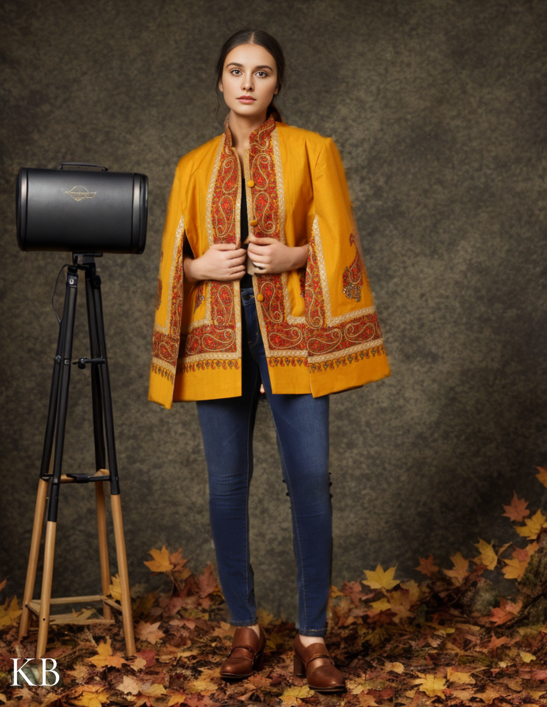 Golden Rod Sozni Zari Woolen Cape Jacket - Kashmir Box