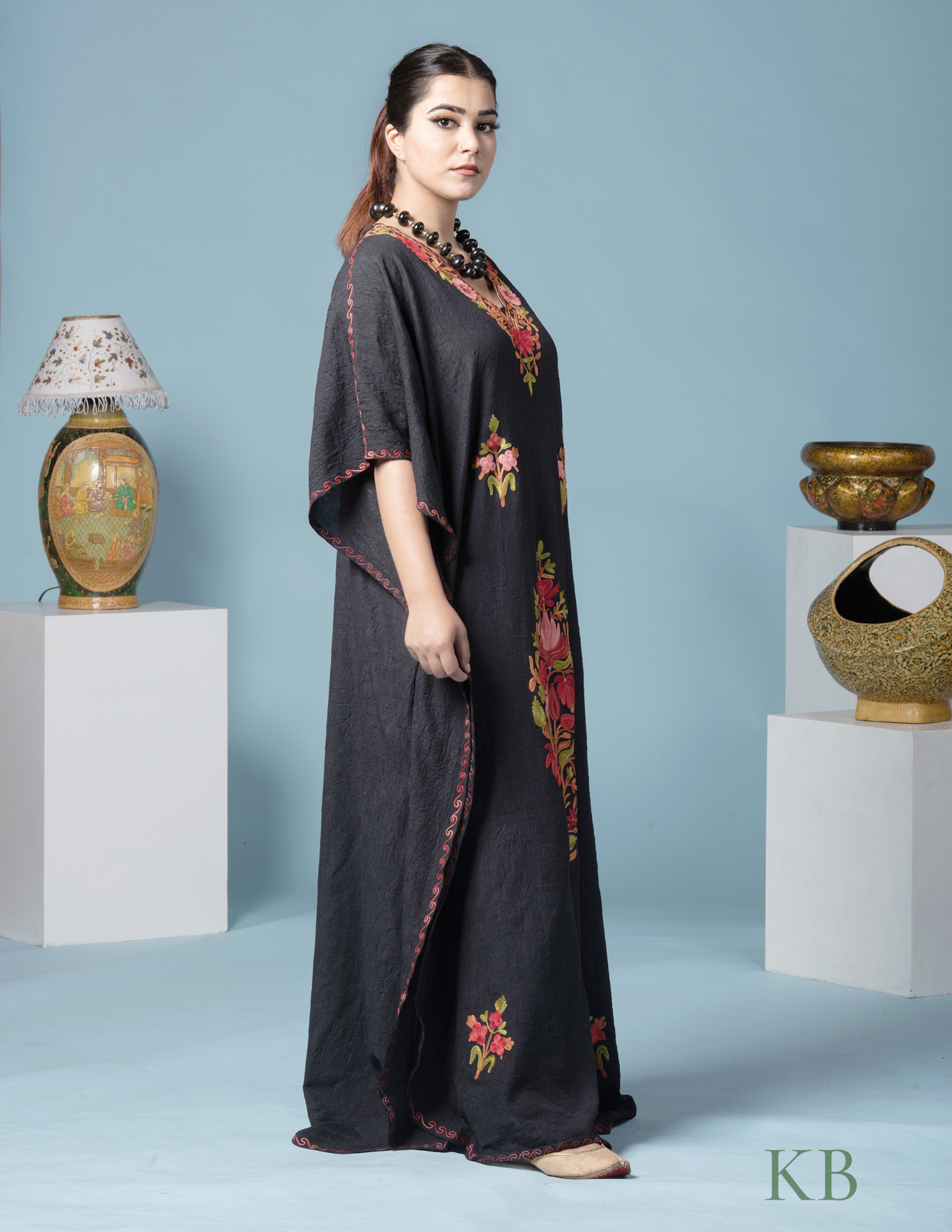 Black Floral Aari Embroidered Summer Cotton Kaftan