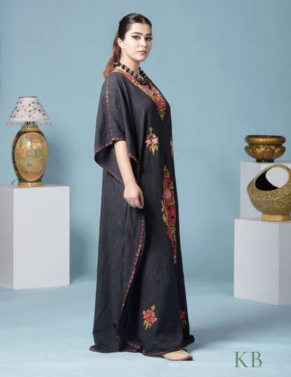 Black Floral Aari Embroidered Summer Cotton Kaftan