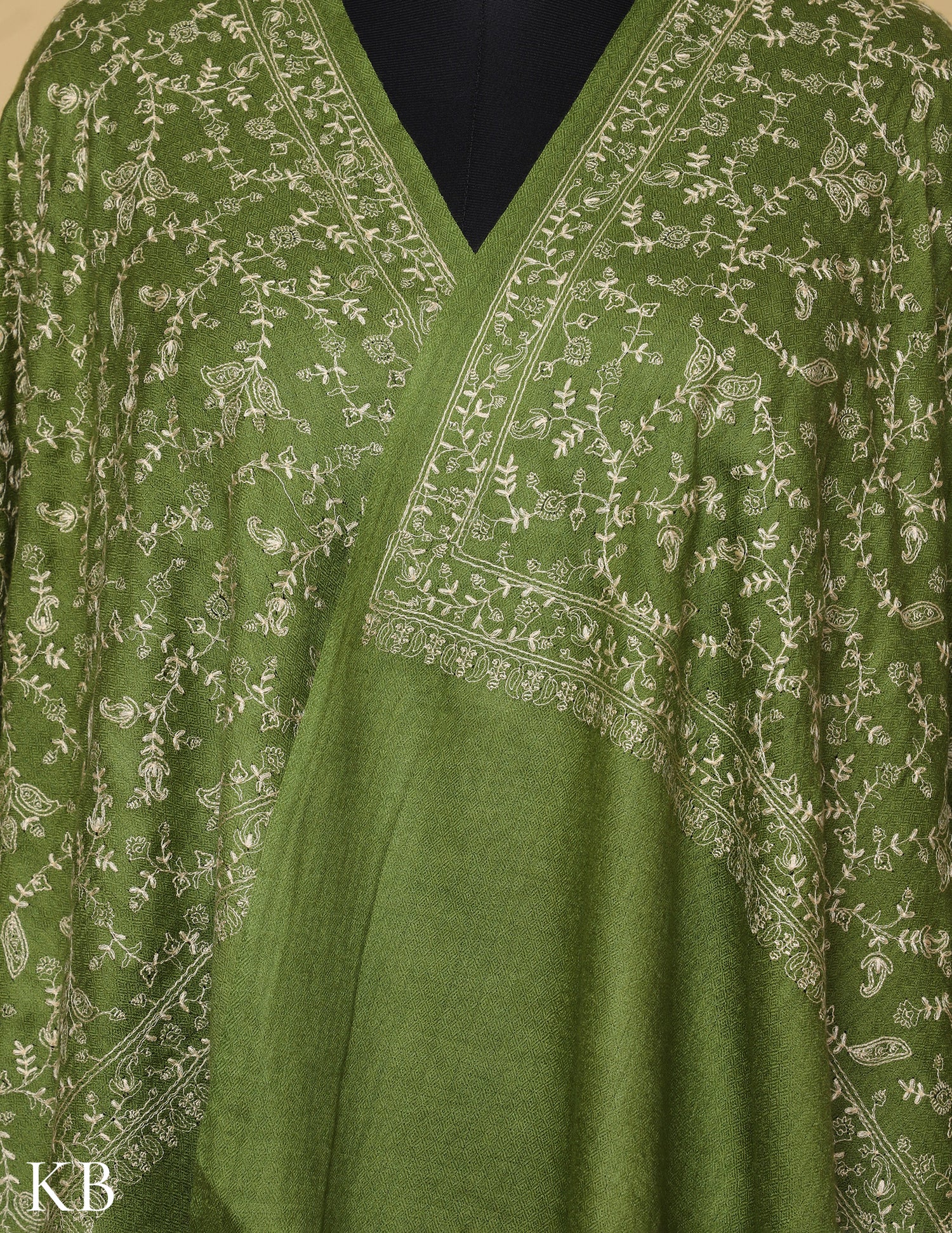 Forest Green Sozni Jali Embroidered Woolen Shawl - Kashmir Box