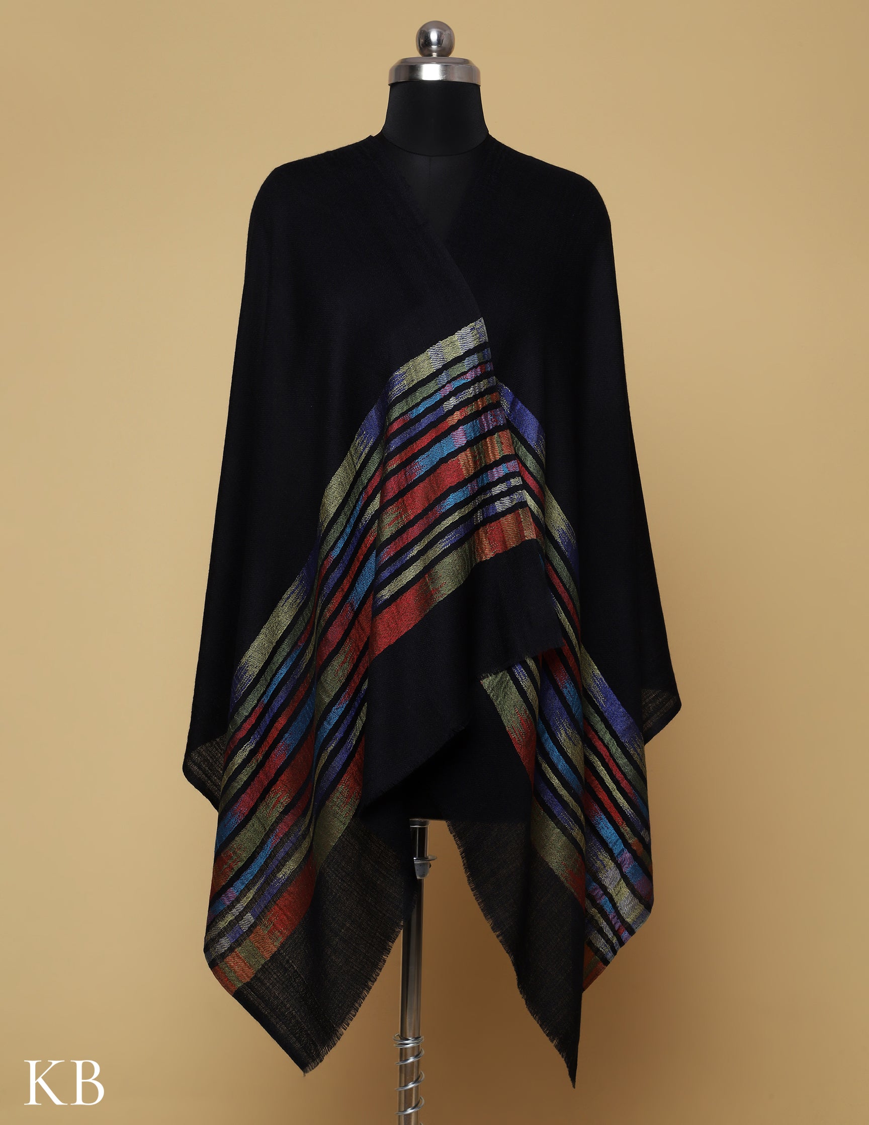 Jet Black Silk Multi Striped Stole - Kashmir Box