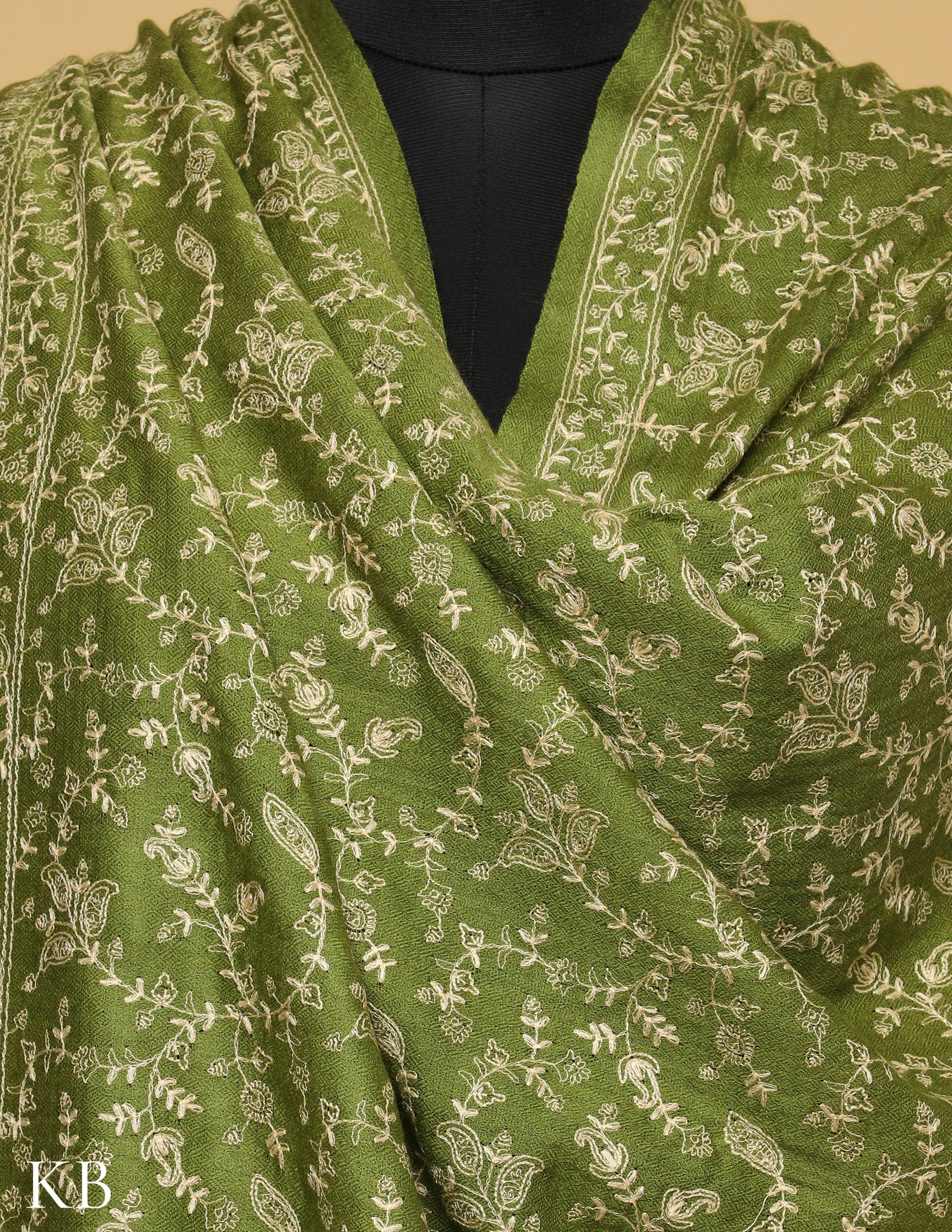 Forest Green Sozni Jali Embroidered Woolen Shawl - Kashmir Box