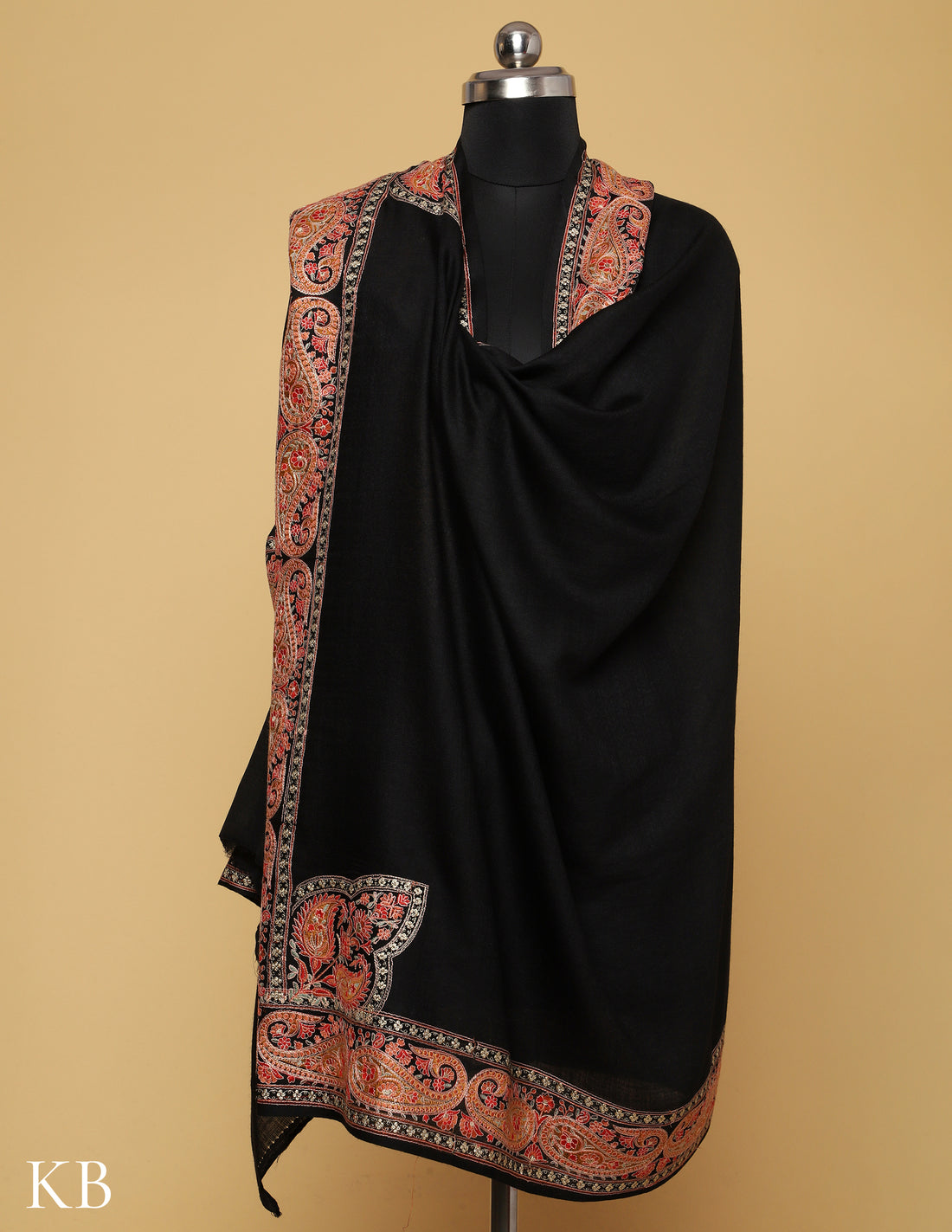 Black Sozni Zari Palla Embroidered Polywool Shawl - Kashmir Box