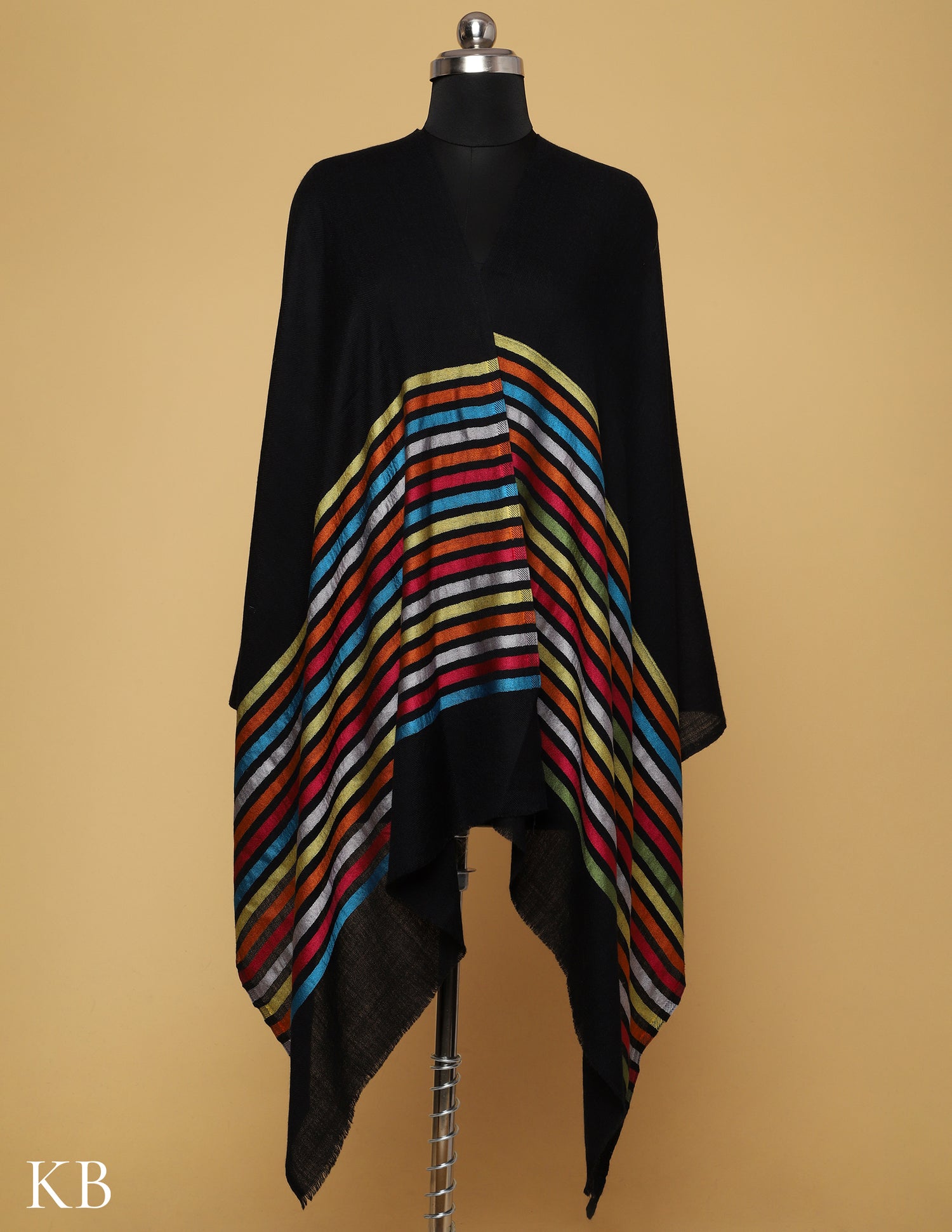 Black Silk Multi Striped  Stole - Kashmir Box