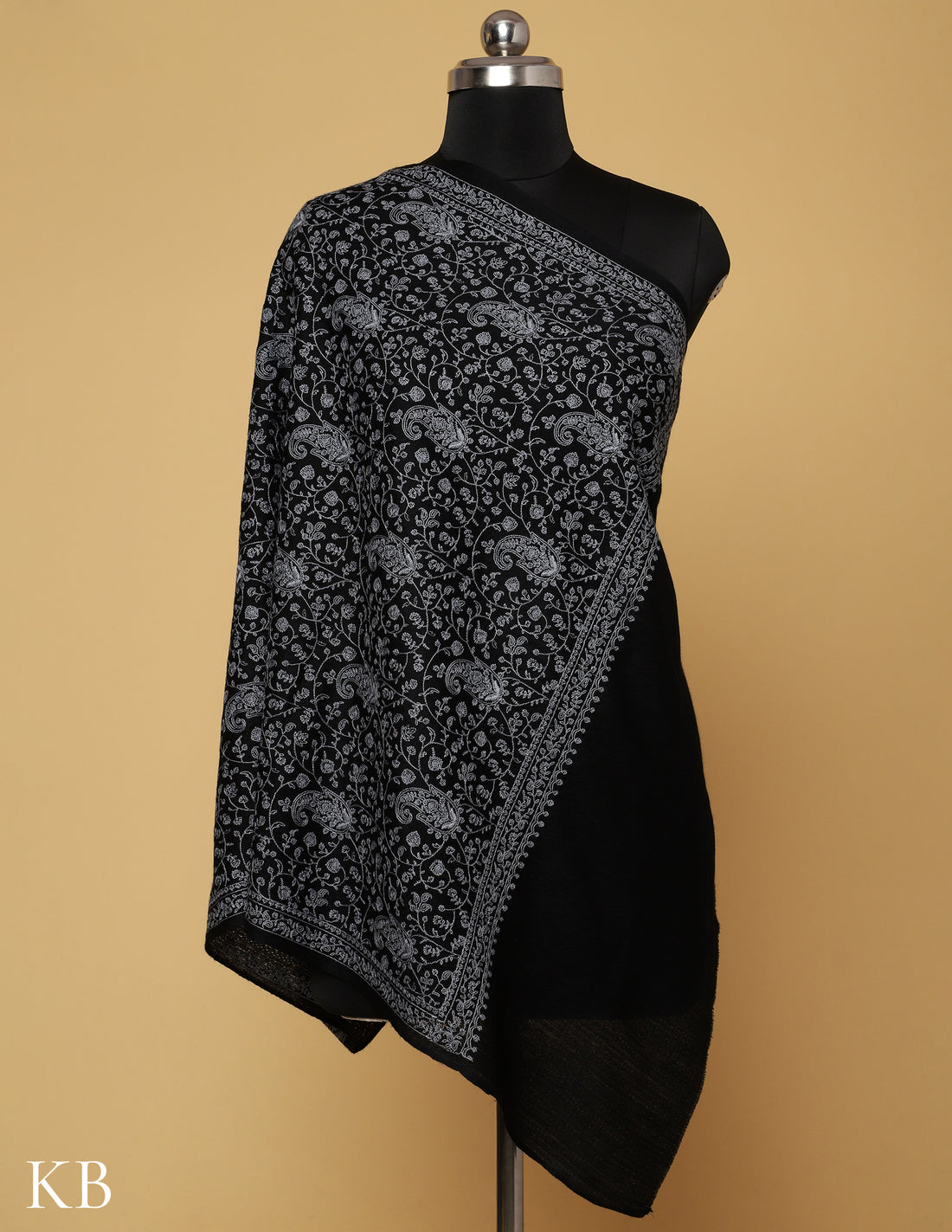 Espresso  Black  Sozni Jali Embroidered Woolen Stole - Kashmir Box