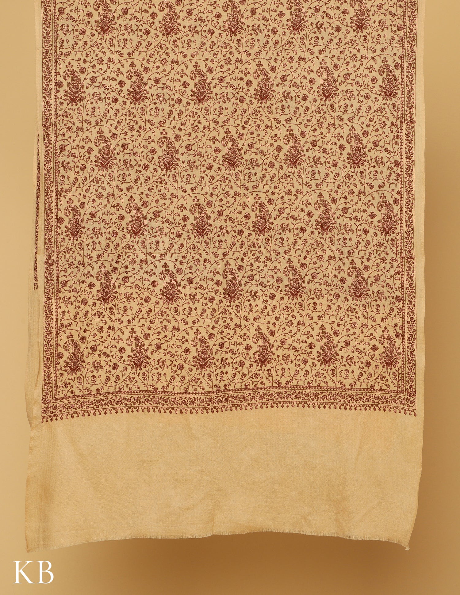 Double Cream Sozni Jali Embroidered Woolen Stole - Kashmir Box