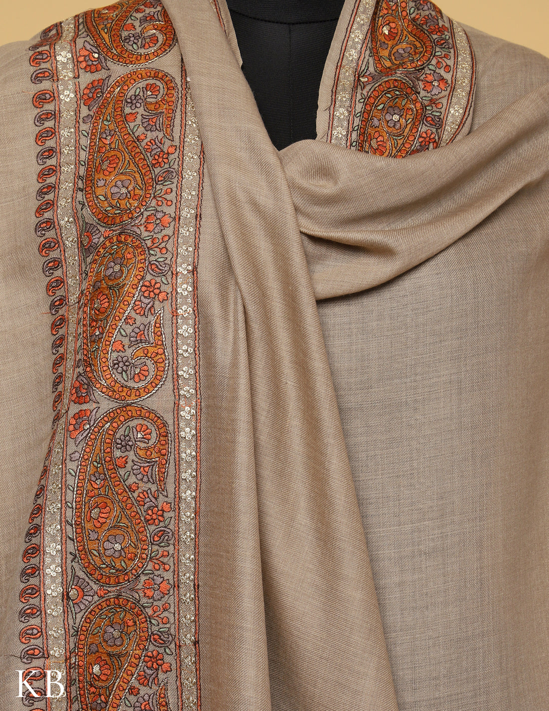 Seedpearl Sozni Zari Palla Embroidered Polywool Shawl - Kashmir Box