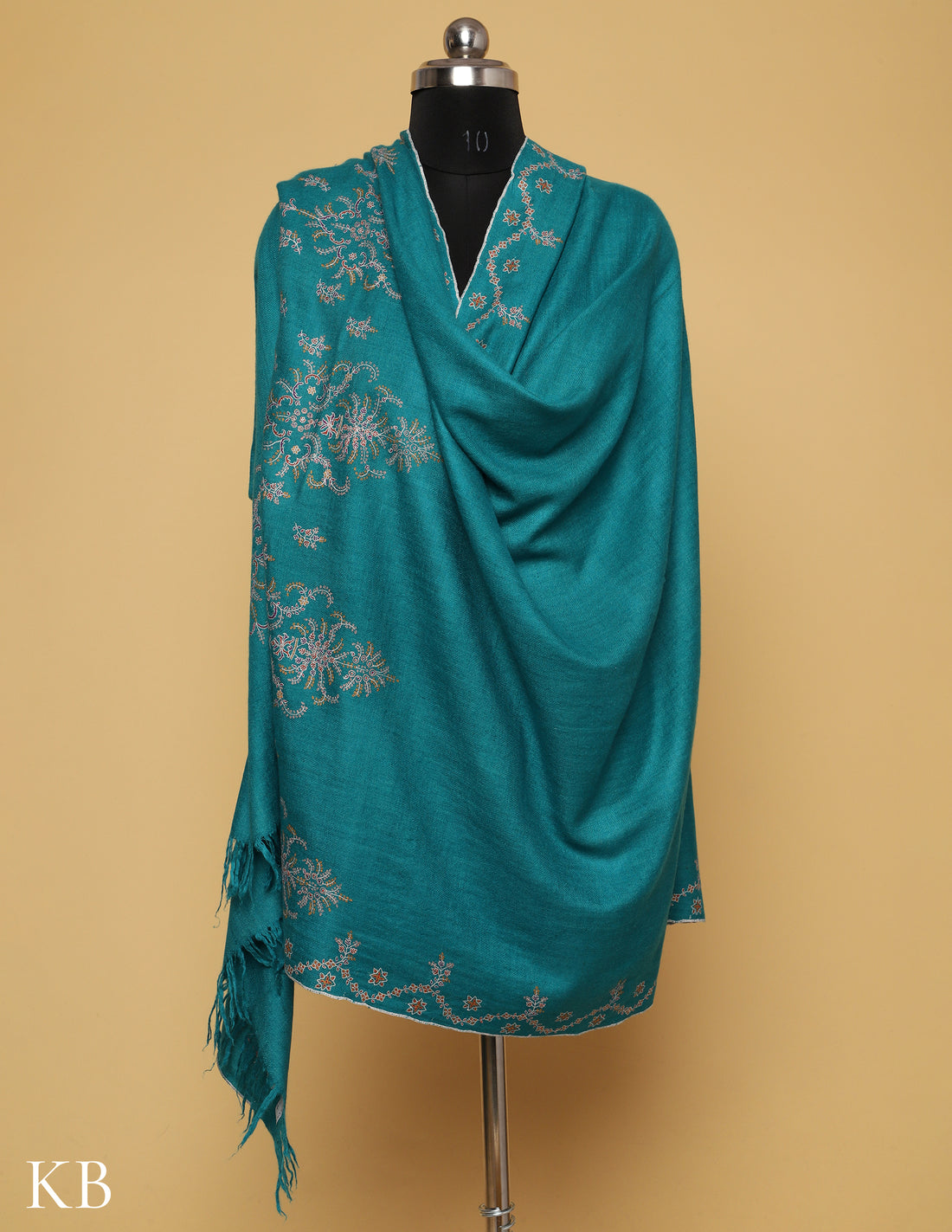 Teal Blue Sozni Embroidered GI Pashmina Shawl - Kashmir Box