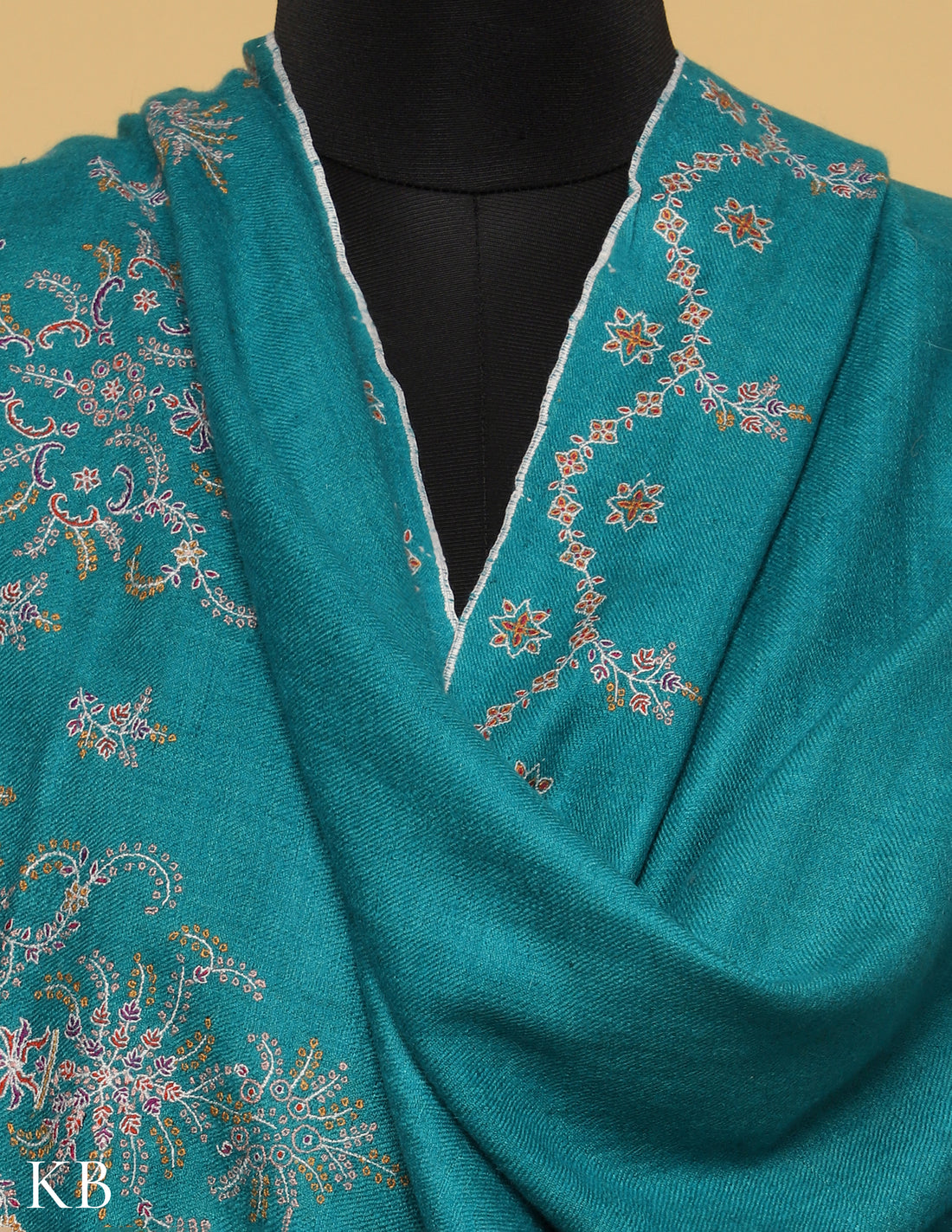 Teal Blue Sozni Embroidered GI Pashmina Shawl - Kashmir Box