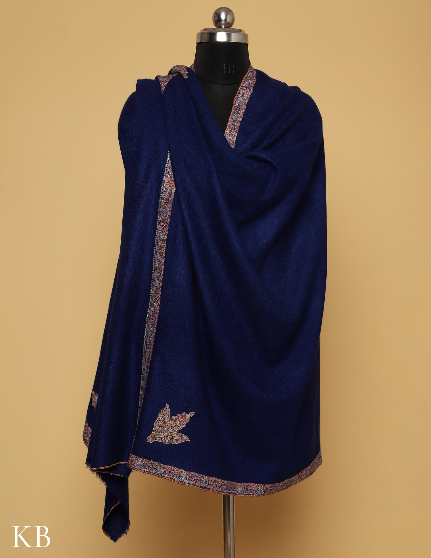 Midnight Blue Sozni Embroidered GI Pashmina Shawl - Kashmir Box