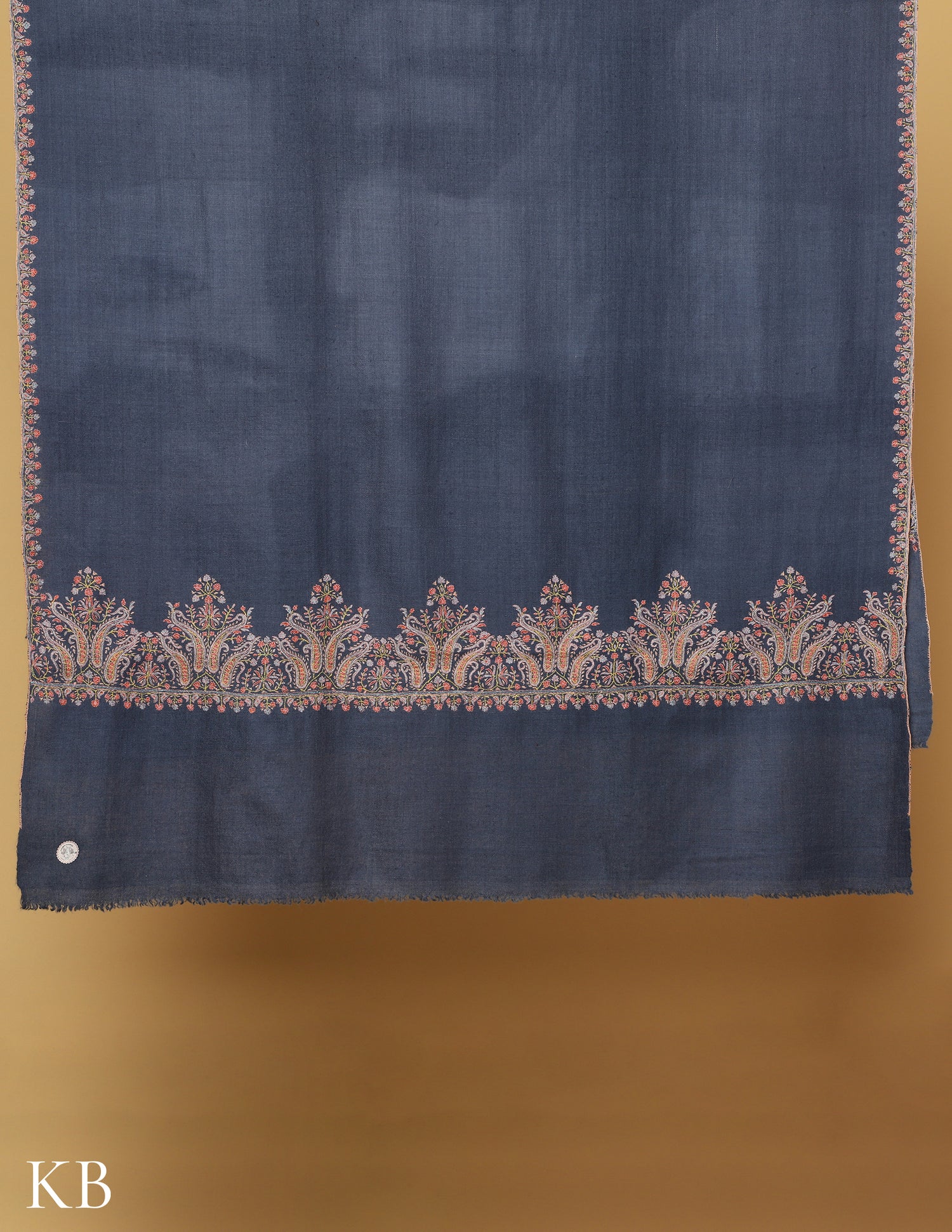 Slate Grey Sozni Embroidered GI Pashmina Shawl - Kashmir Box