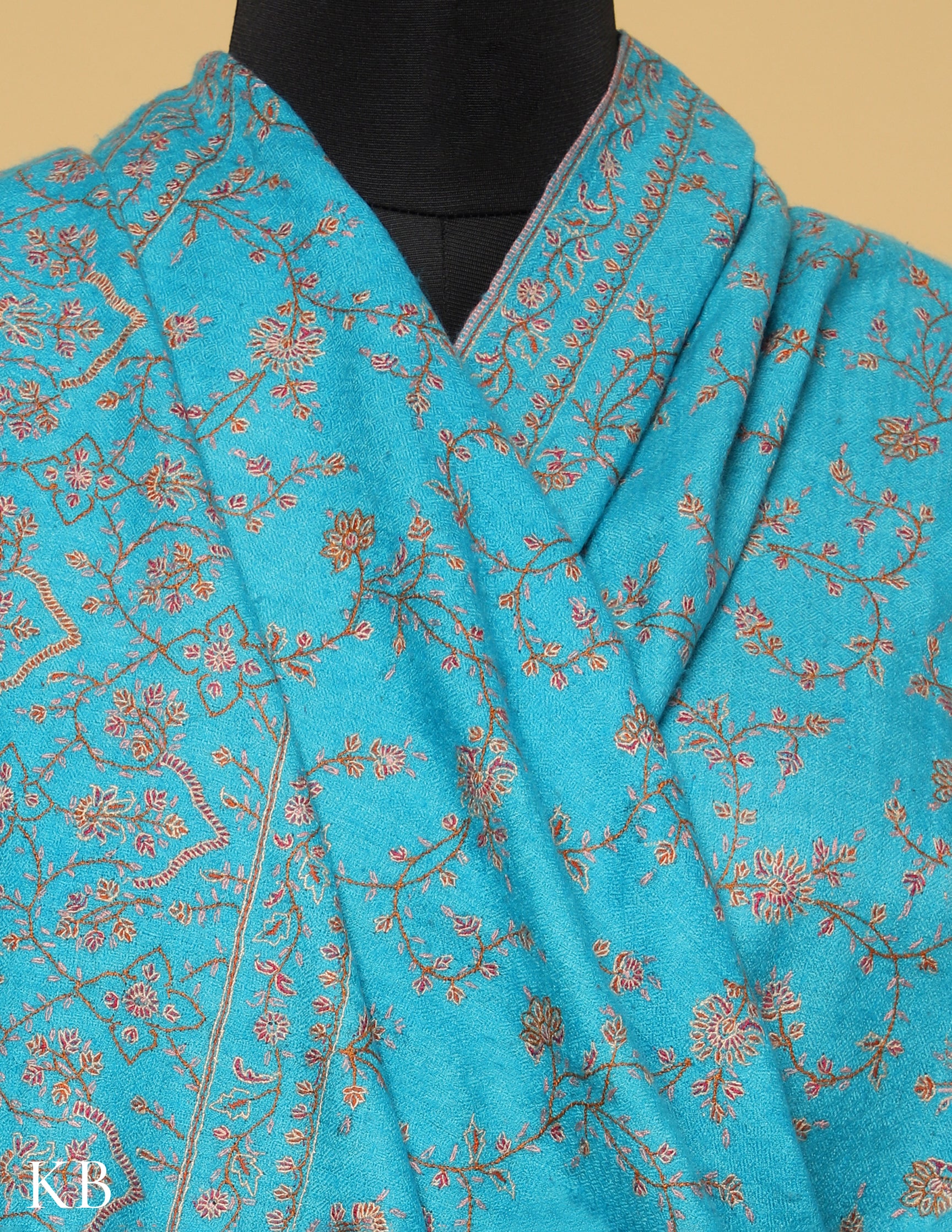 Sea Blue Sozni Embroidered GI Pashmina Shawl - Kashmir Box